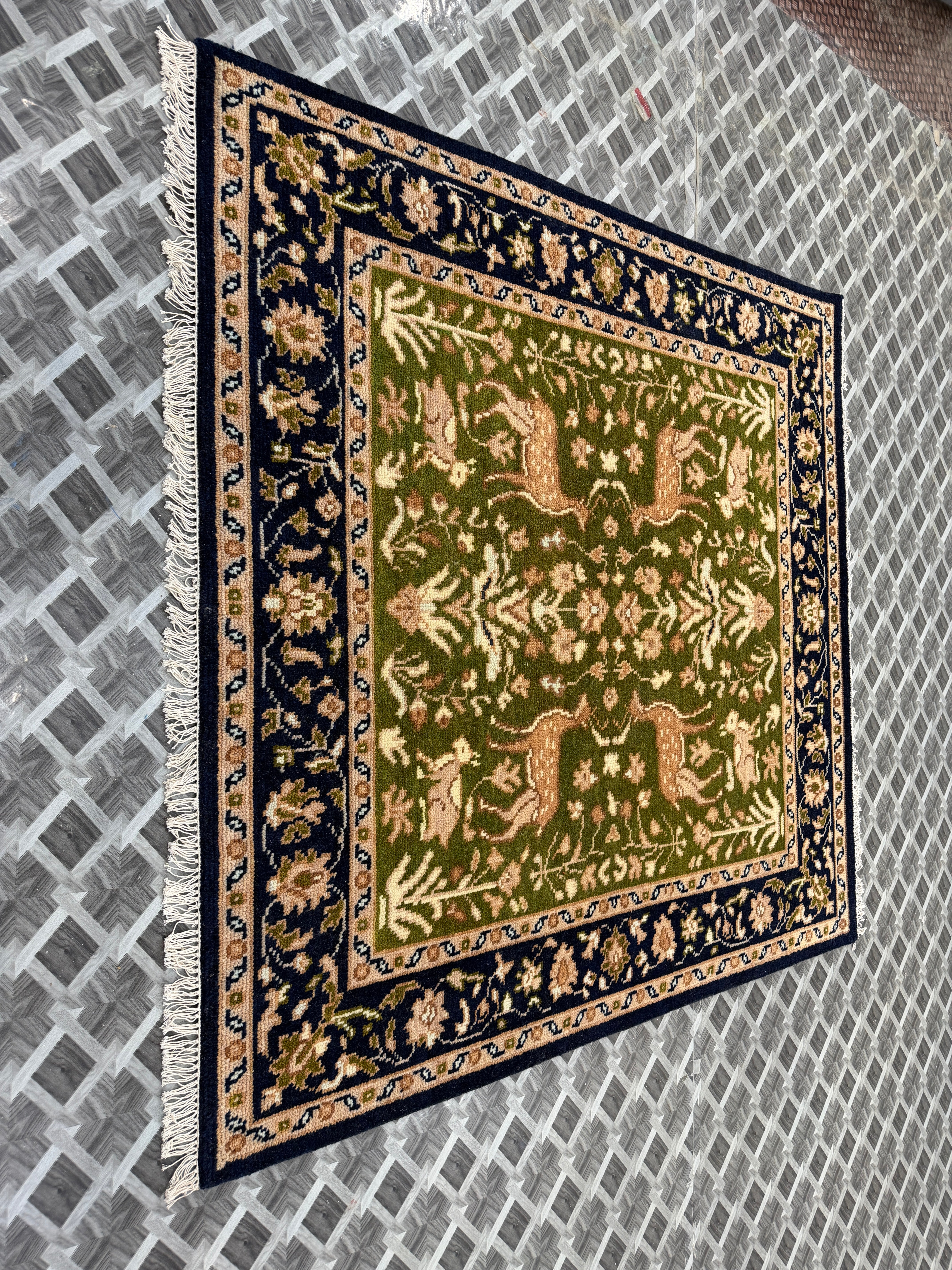 Handmade Green Deer Rug, Vintage Floral Wool Carpet, Traditional Animal Area Rug, Navy Blue Border, Nature Inspired Decor