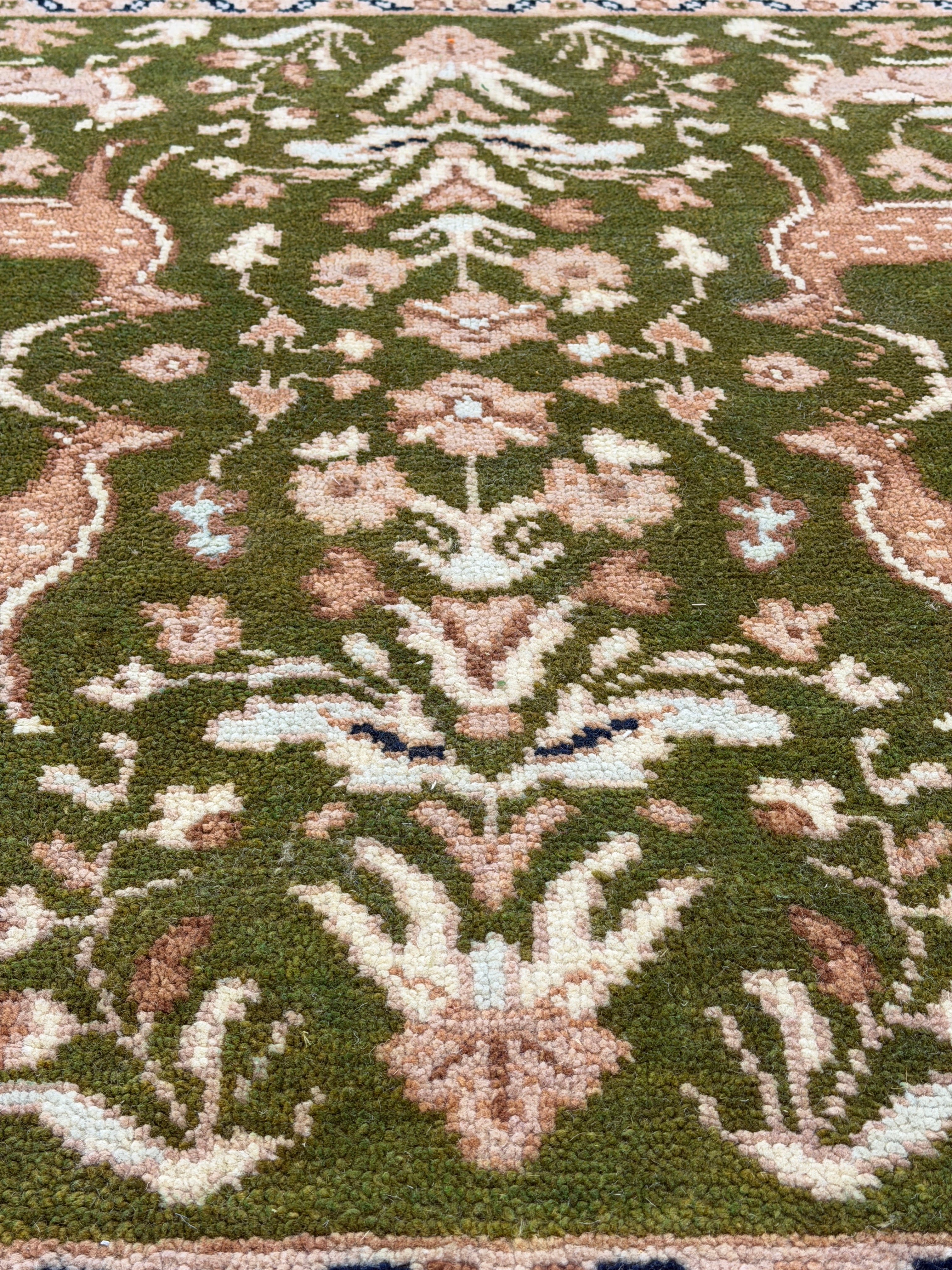 Handmade Green Deer Rug, Vintage Floral Wool Carpet, Traditional Animal Area Rug, Navy Blue Border, Nature Inspired Decor