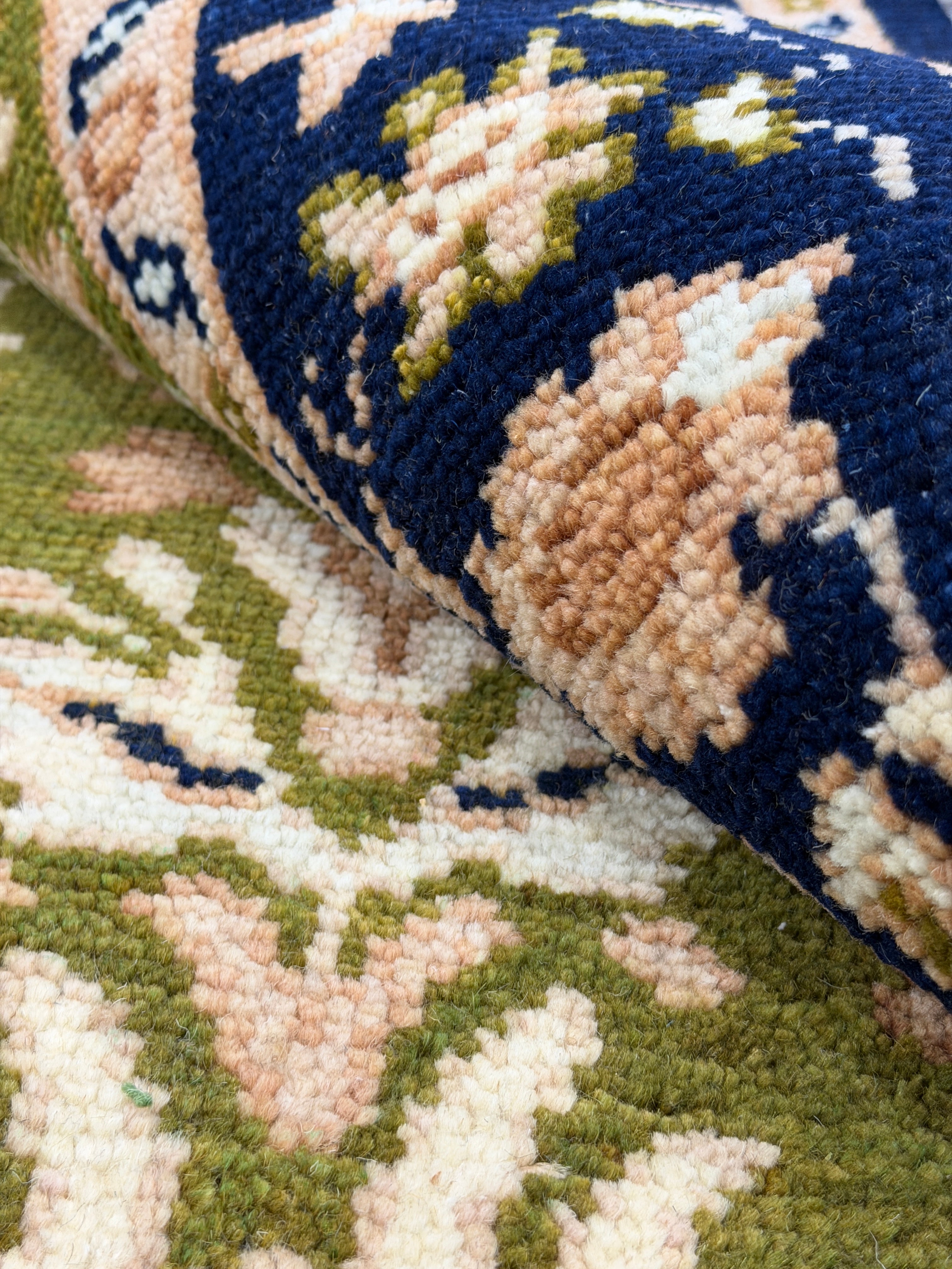 Handmade Green Deer Rug, Vintage Floral Wool Carpet, Traditional Animal Area Rug, Navy Blue Border, Nature Inspired Decor