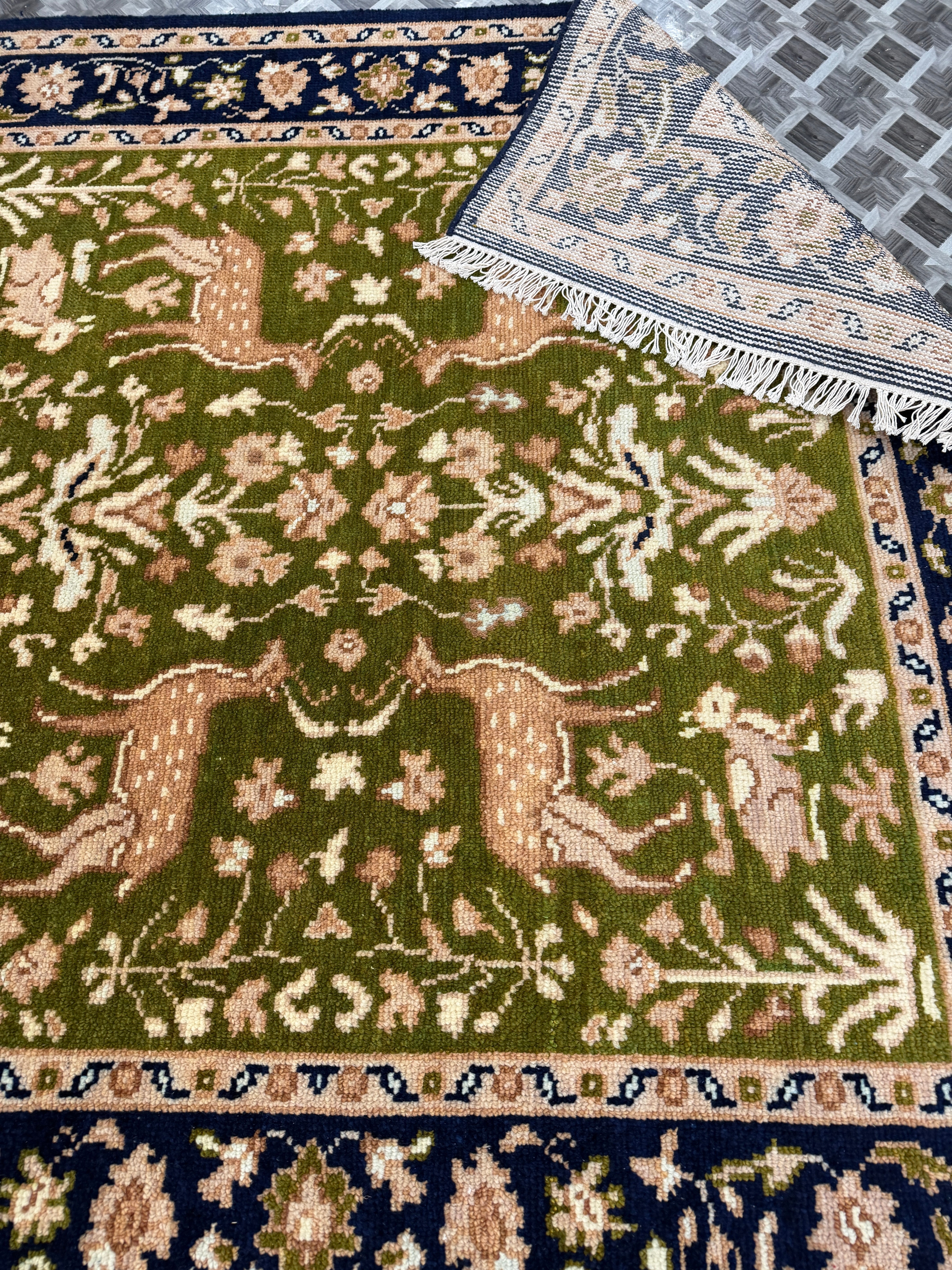 Handmade Green Deer Rug, Vintage Floral Wool Carpet, Traditional Animal Area Rug, Navy Blue Border, Nature Inspired Decor