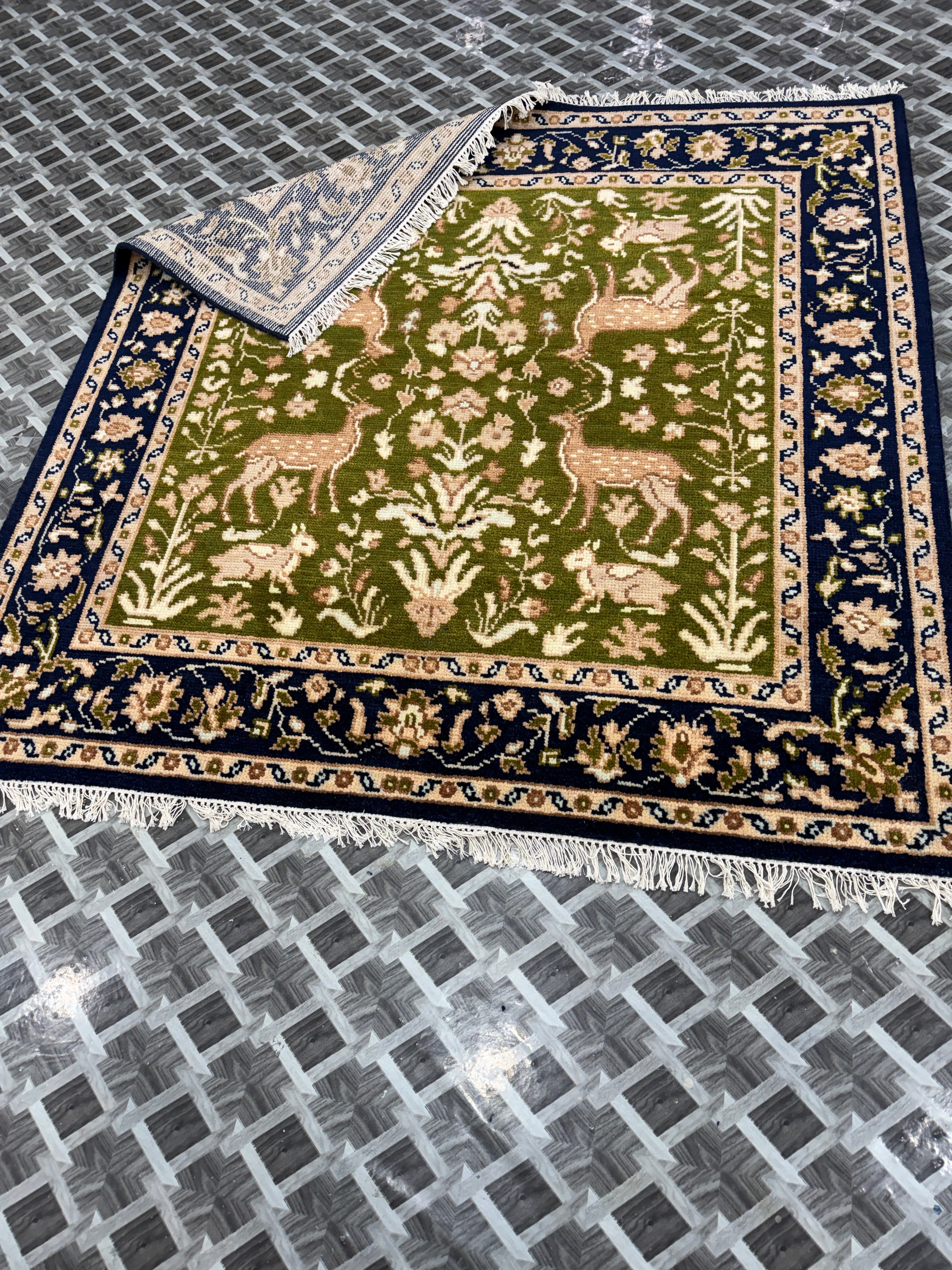 Handmade Green Deer Rug, Vintage Floral Wool Carpet, Traditional Animal Area Rug, Navy Blue Border, Nature Inspired Decor