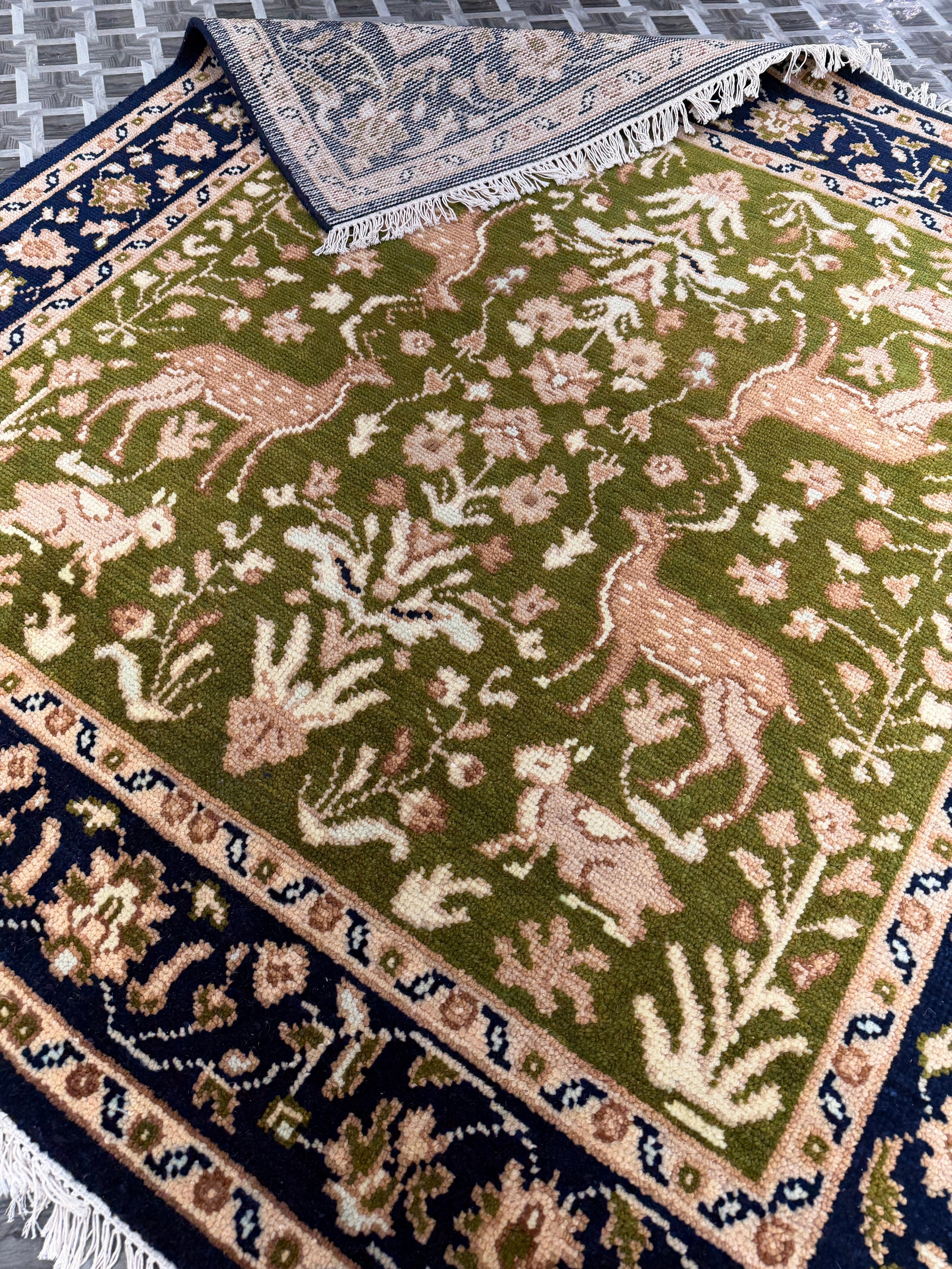 Handmade Green Deer Rug, Vintage Floral Wool Carpet, Traditional Animal Area Rug, Navy Blue Border, Nature Inspired Decor