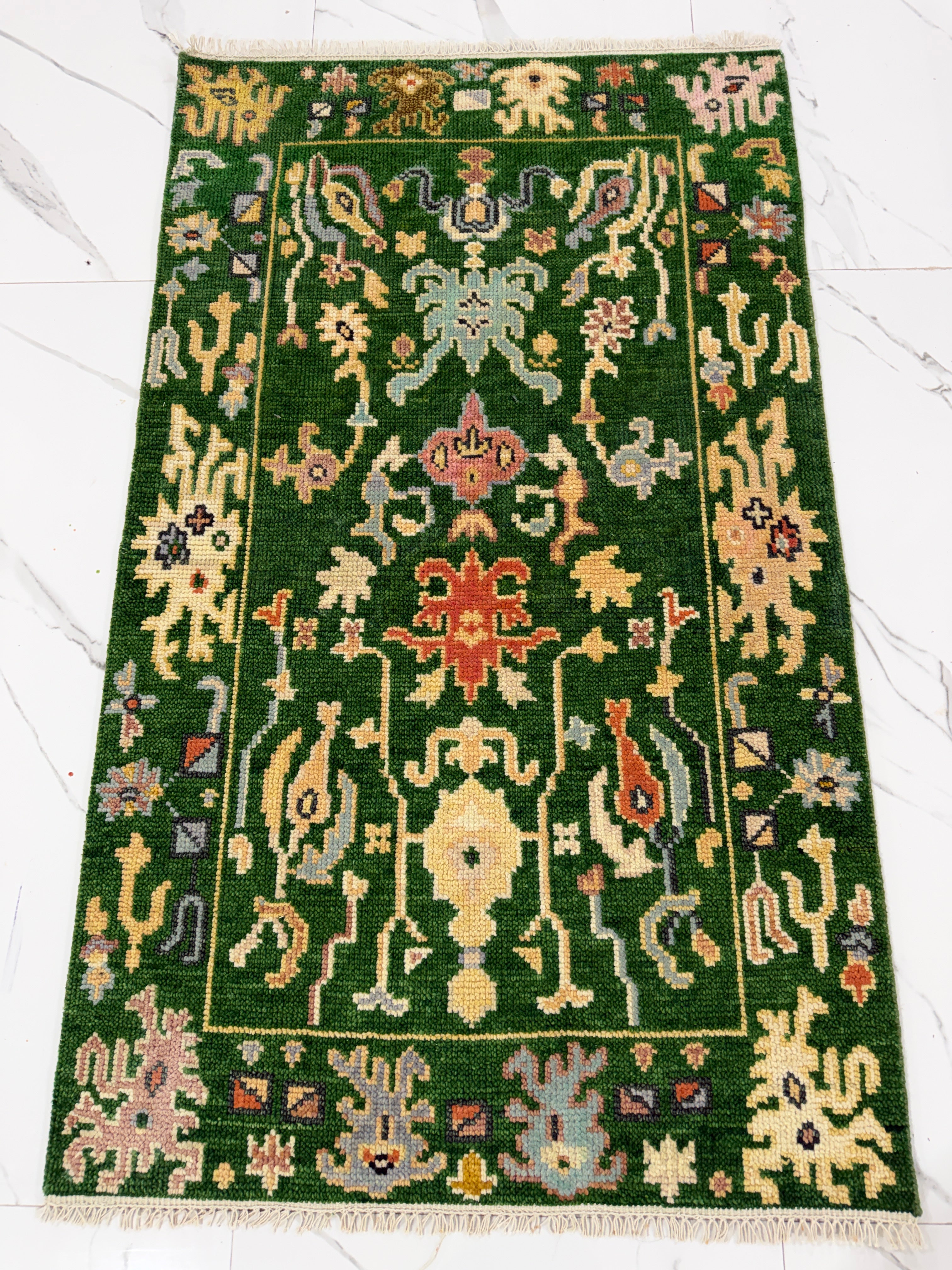 Green Floral Rug | Vintage Boho Area Rug | Traditional Persian Style Carpet | Colorful Botanical Rug | Cottagecore Home Decor