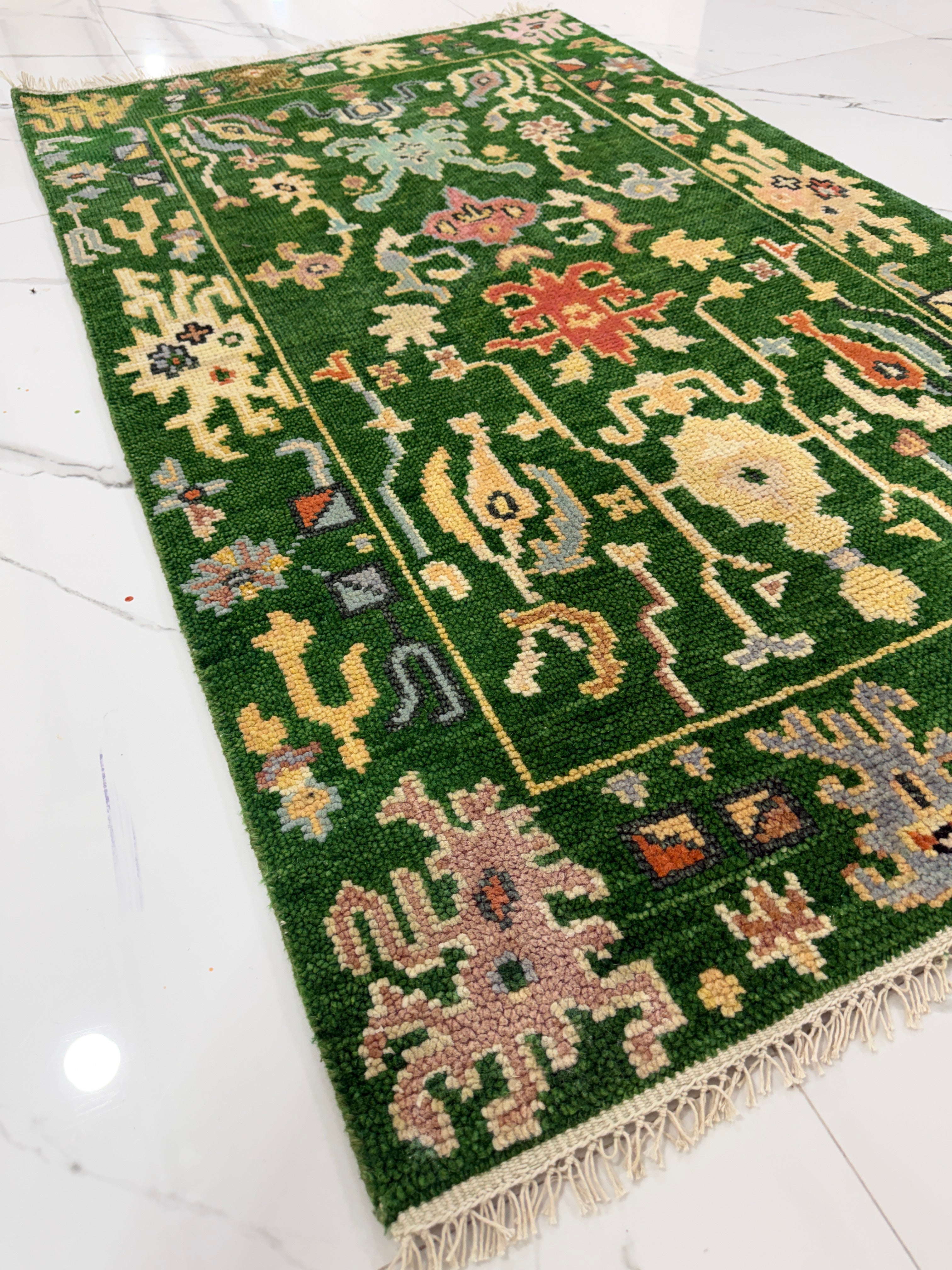 Green Floral Rug | Vintage Boho Area Rug | Traditional Persian Style Carpet | Colorful Botanical Rug | Cottagecore Home Decor