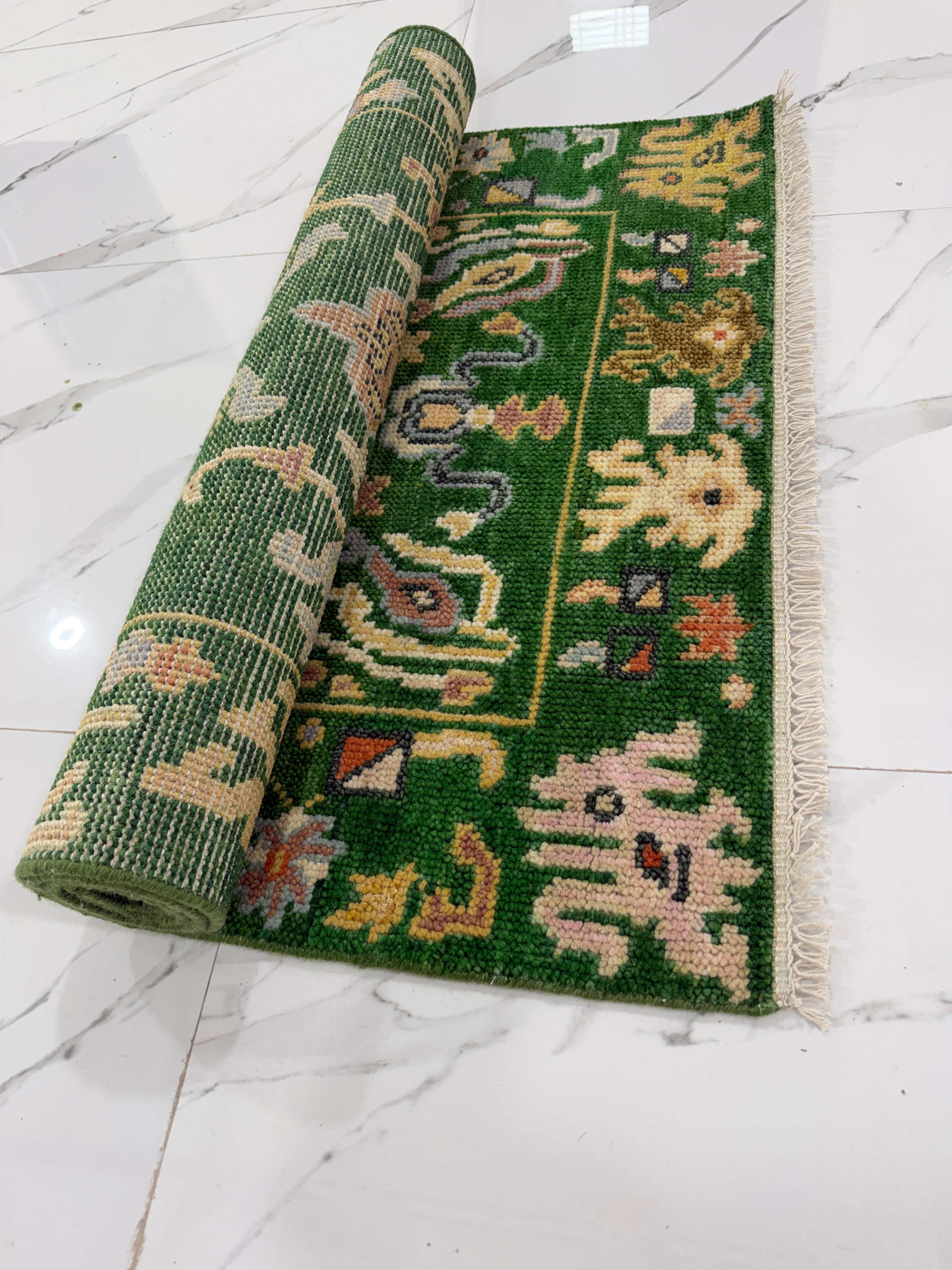 Green Floral Rug | Vintage Boho Area Rug | Traditional Persian Style Carpet | Colorful Botanical Rug | Cottagecore Home Decor