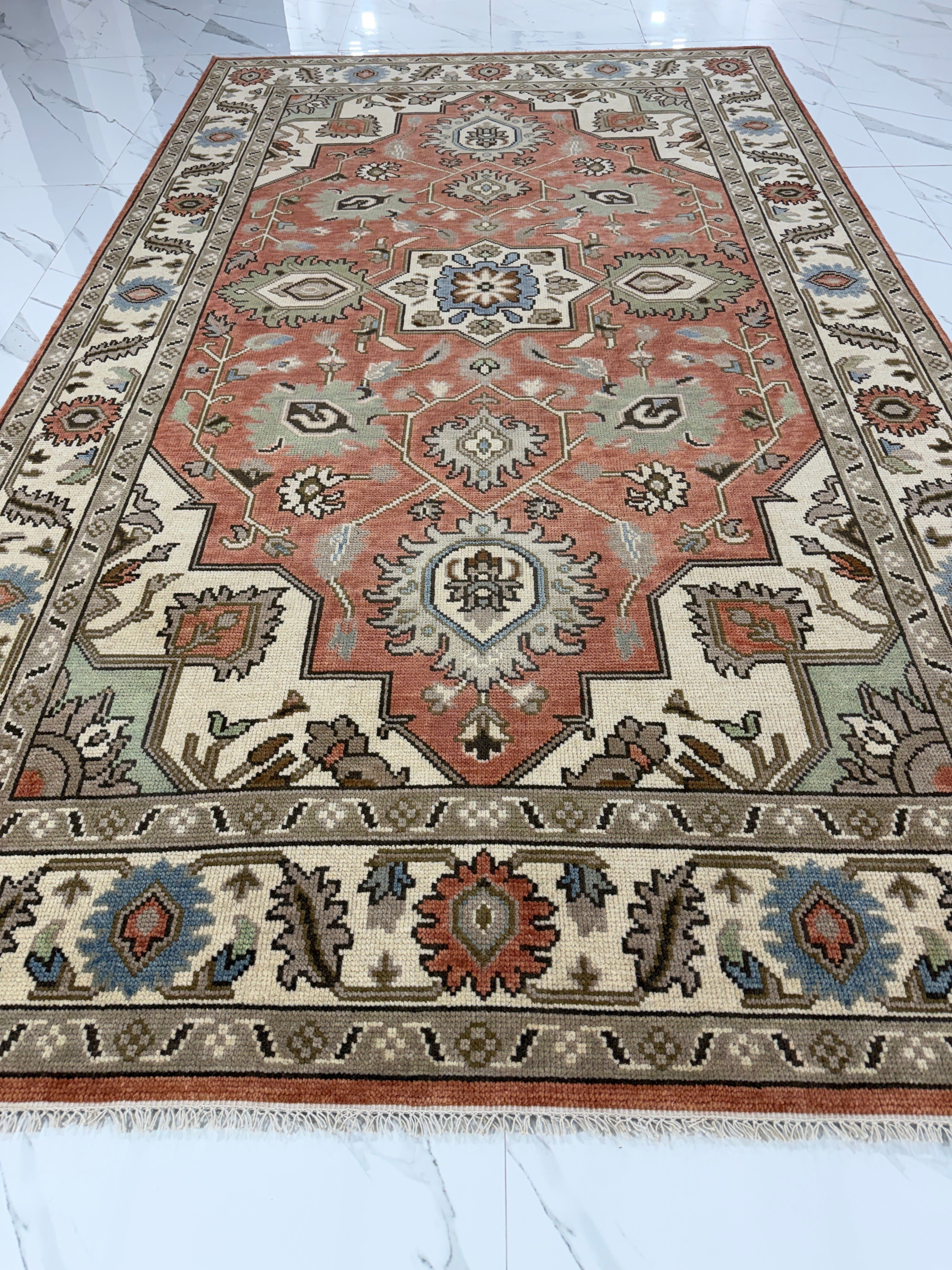 Vintage Terracotta Rug, Handmade Traditional Floral Area Rug, Persian Style Carpet, Beige Border, Boho Rustic Home Decor
