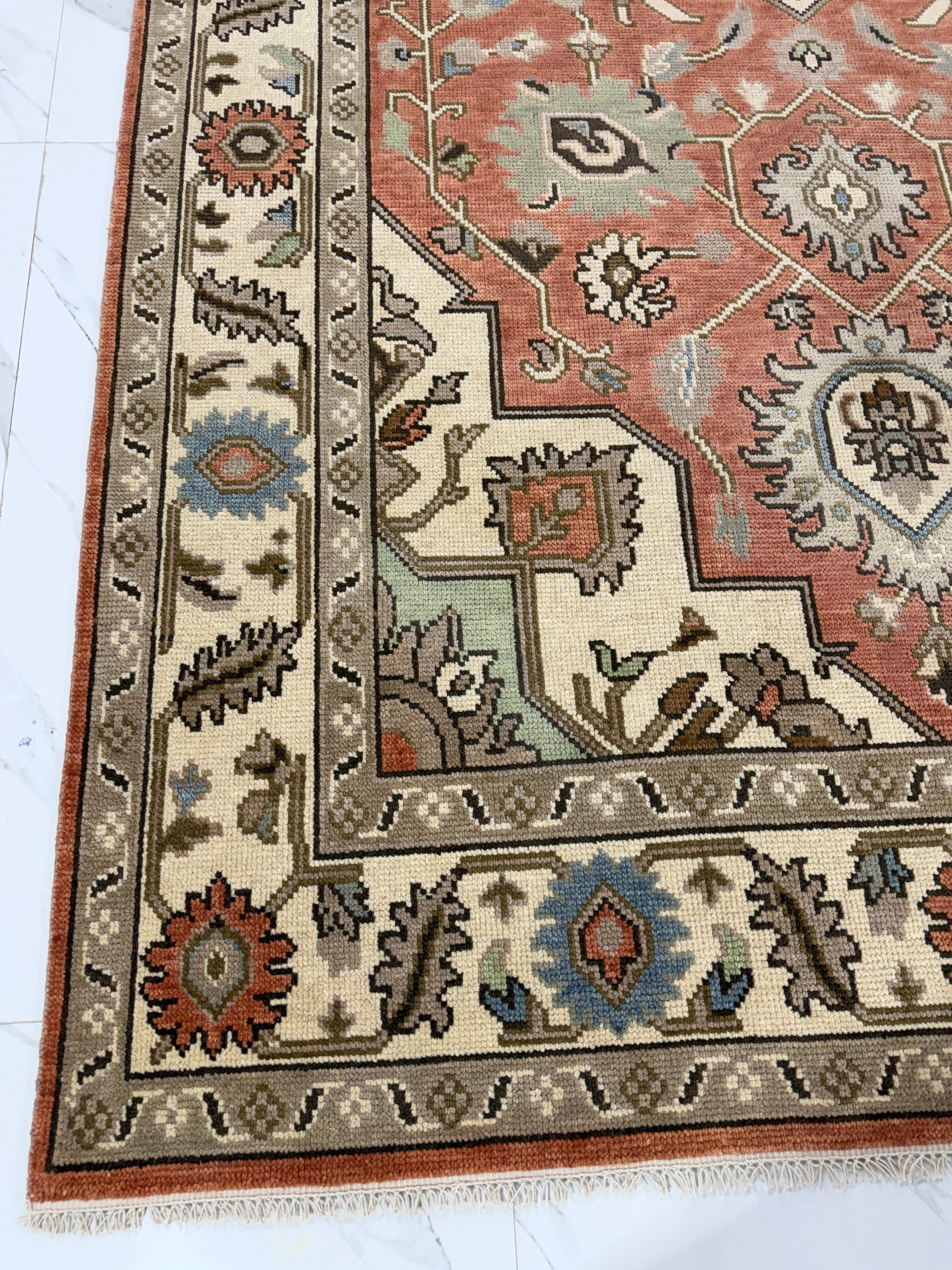 Vintage Terracotta Rug, Handmade Traditional Floral Area Rug, Persian Style Carpet, Beige Border, Boho Rustic Home Decor