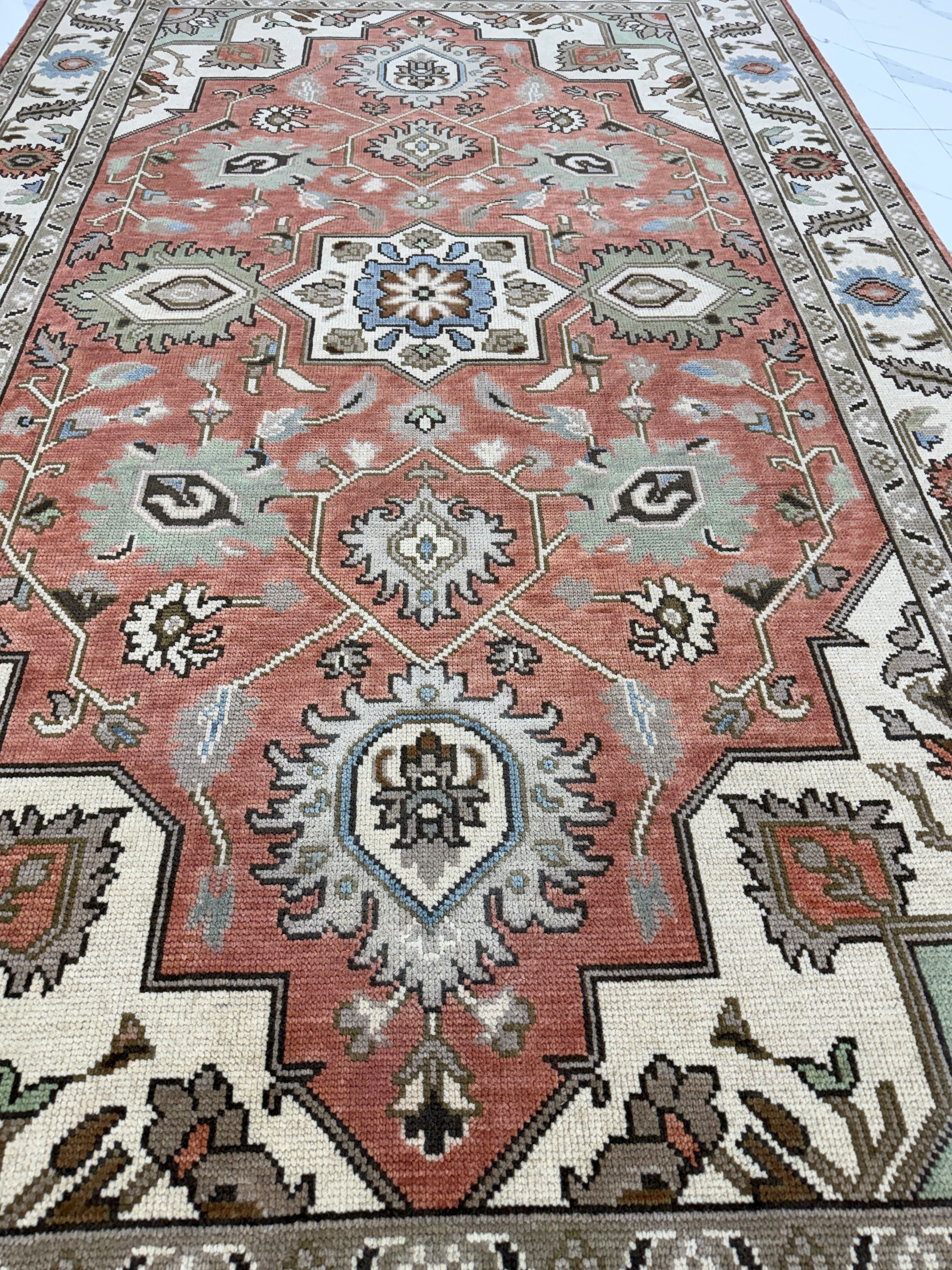 Vintage Terracotta Rug, Handmade Traditional Floral Area Rug, Persian Style Carpet, Beige Border, Boho Rustic Home Decor