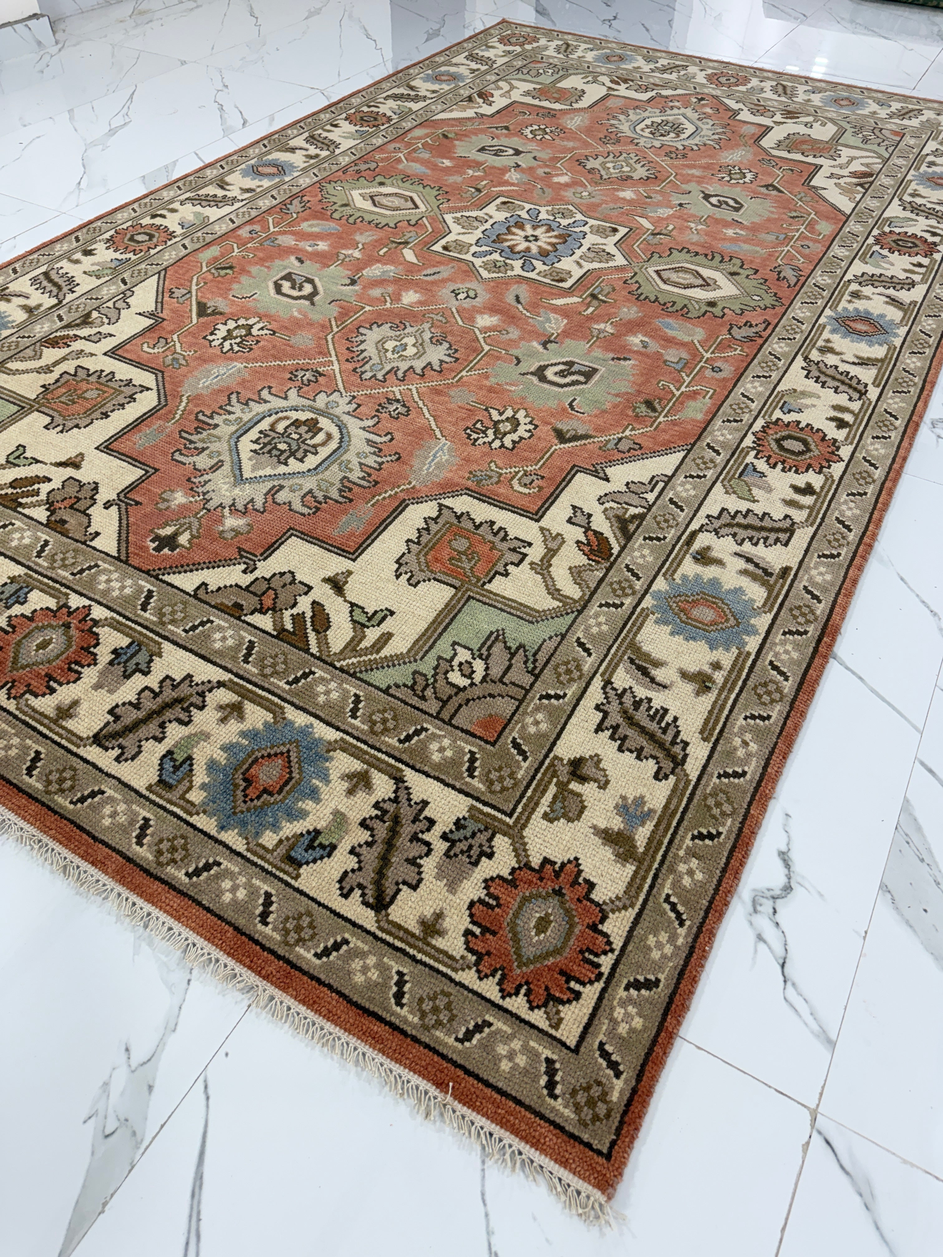 Vintage Terracotta Rug, Handmade Traditional Floral Area Rug, Persian Style Carpet, Beige Border, Boho Rustic Home Decor