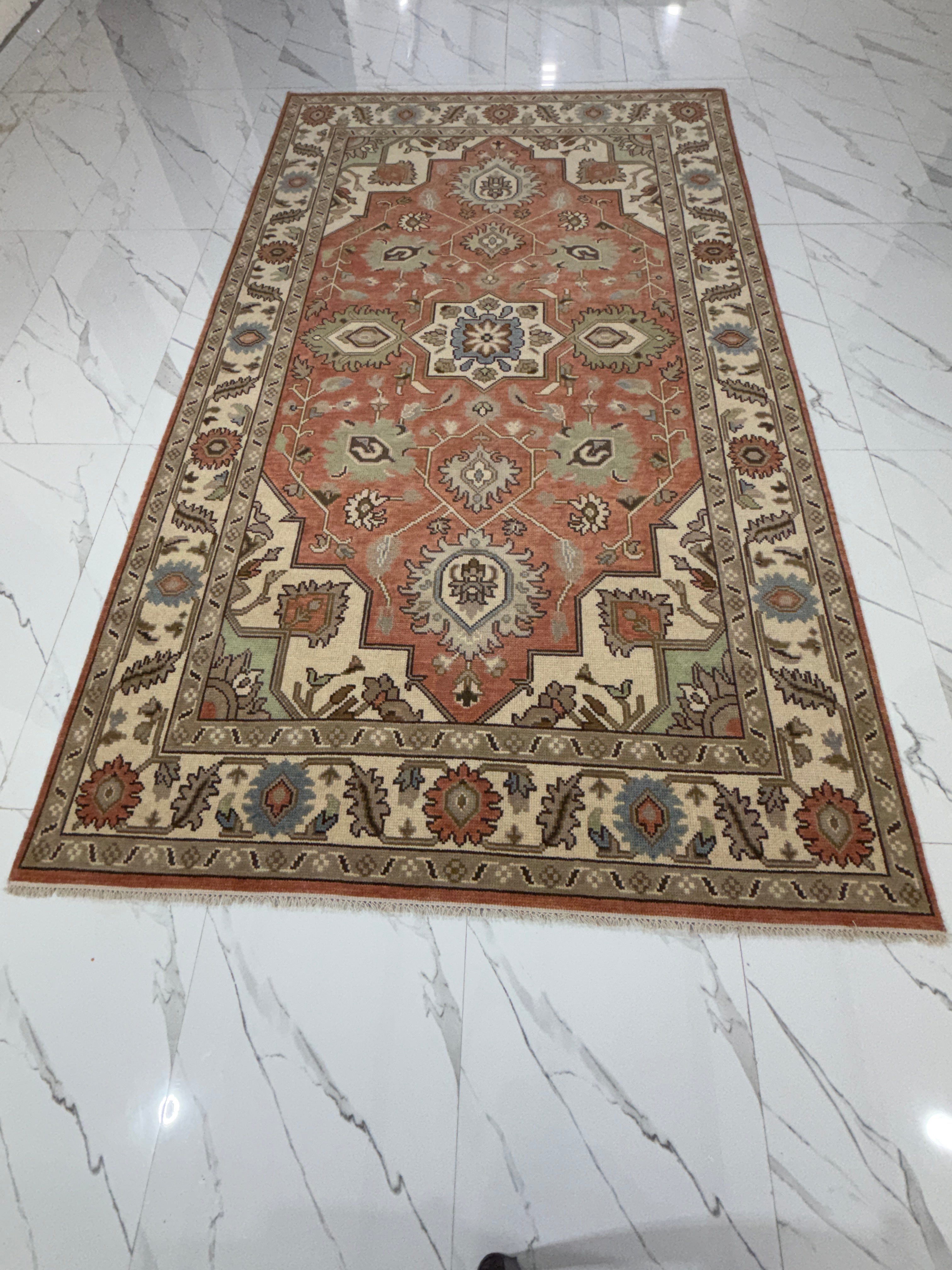Vintage Terracotta Rug, Handmade Traditional Floral Area Rug, Persian Style Carpet, Beige Border, Boho Rustic Home Decor
