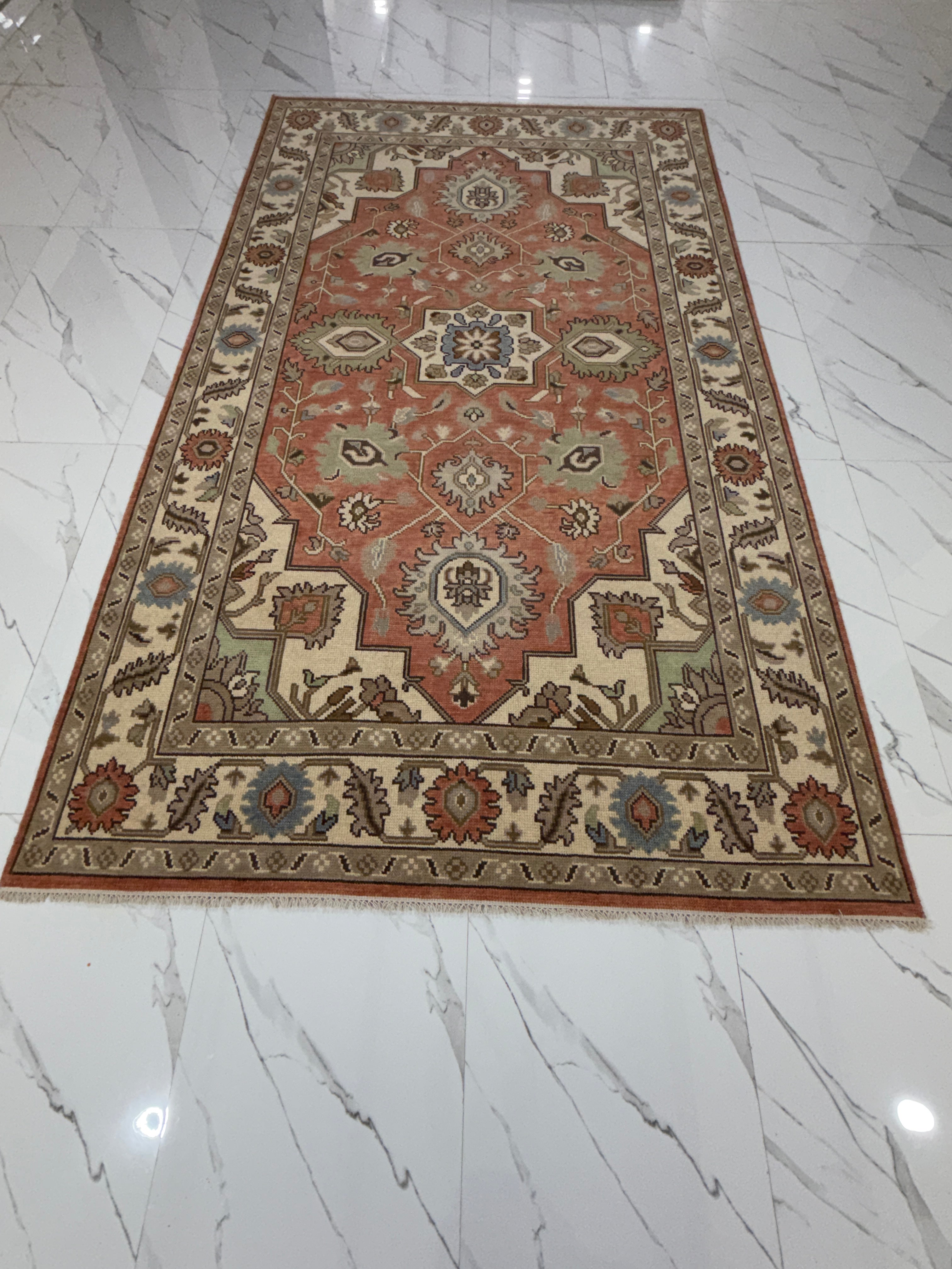 Vintage Terracotta Rug, Handmade Traditional Floral Area Rug, Persian Style Carpet, Beige Border, Boho Rustic Home Decor
