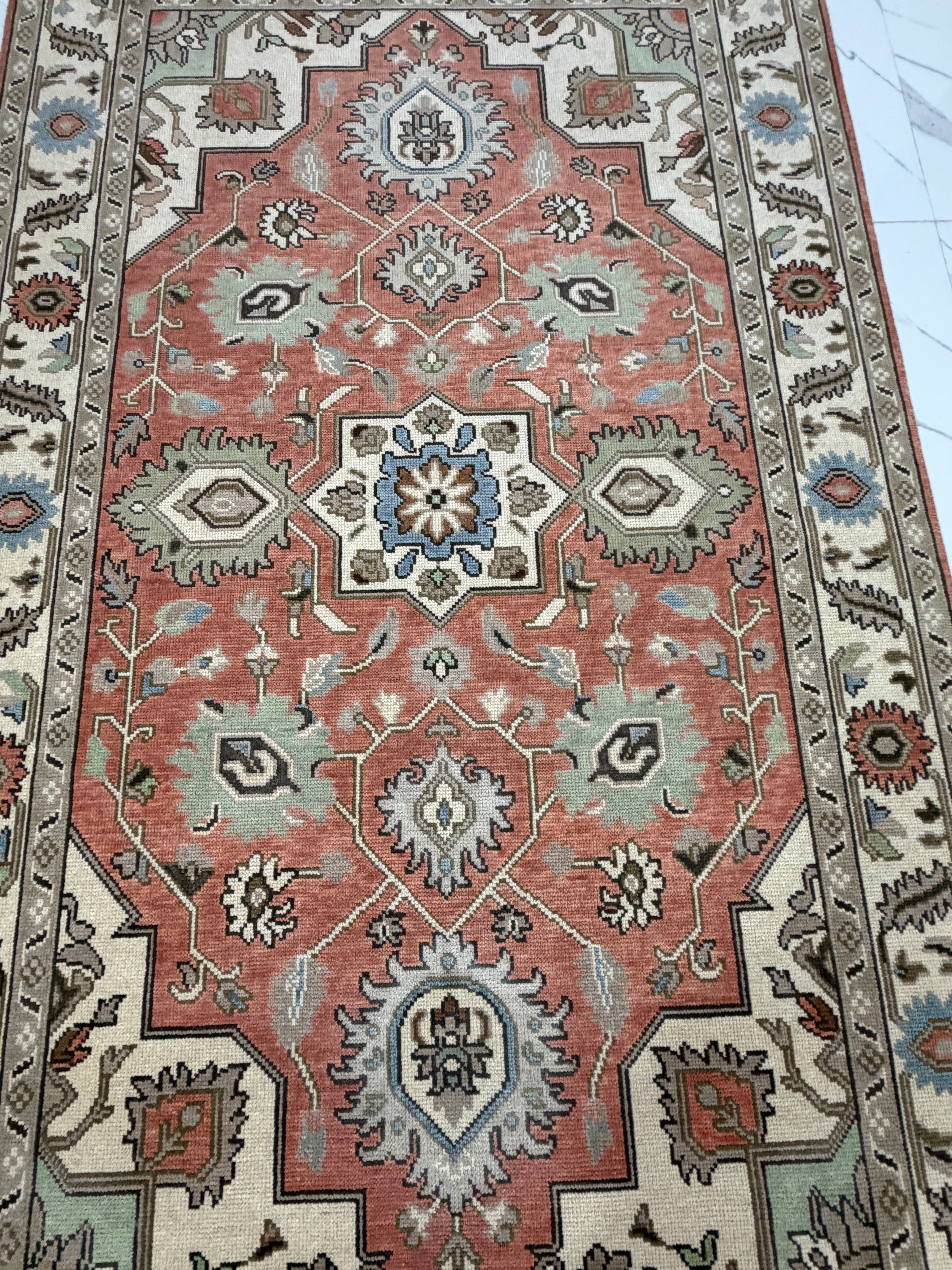 Vintage Terracotta Rug, Handmade Traditional Floral Area Rug, Persian Style Carpet, Beige Border, Boho Rustic Home Decor