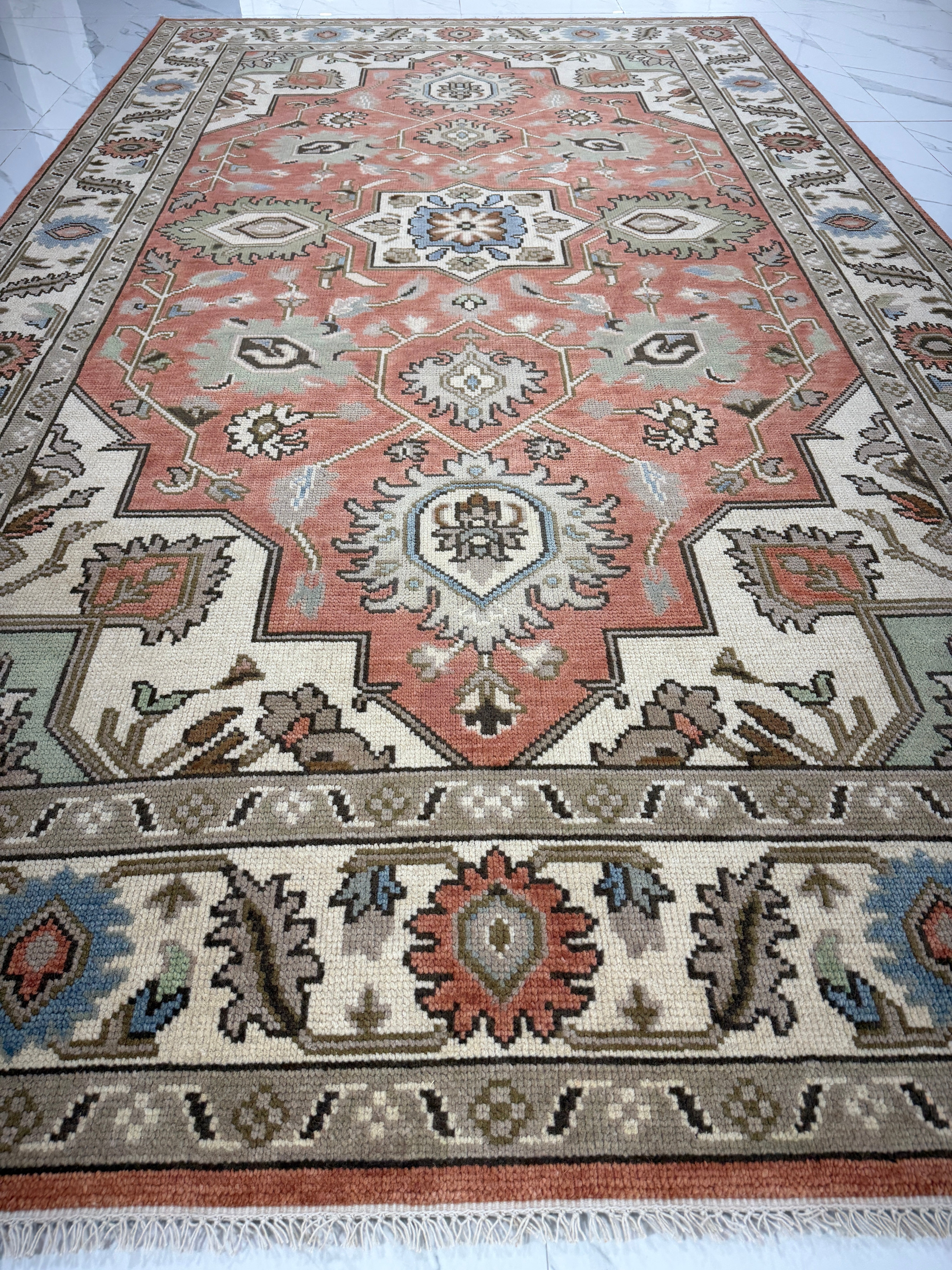 Vintage Terracotta Rug, Handmade Traditional Floral Area Rug, Persian Style Carpet, Beige Border, Boho Rustic Home Decor