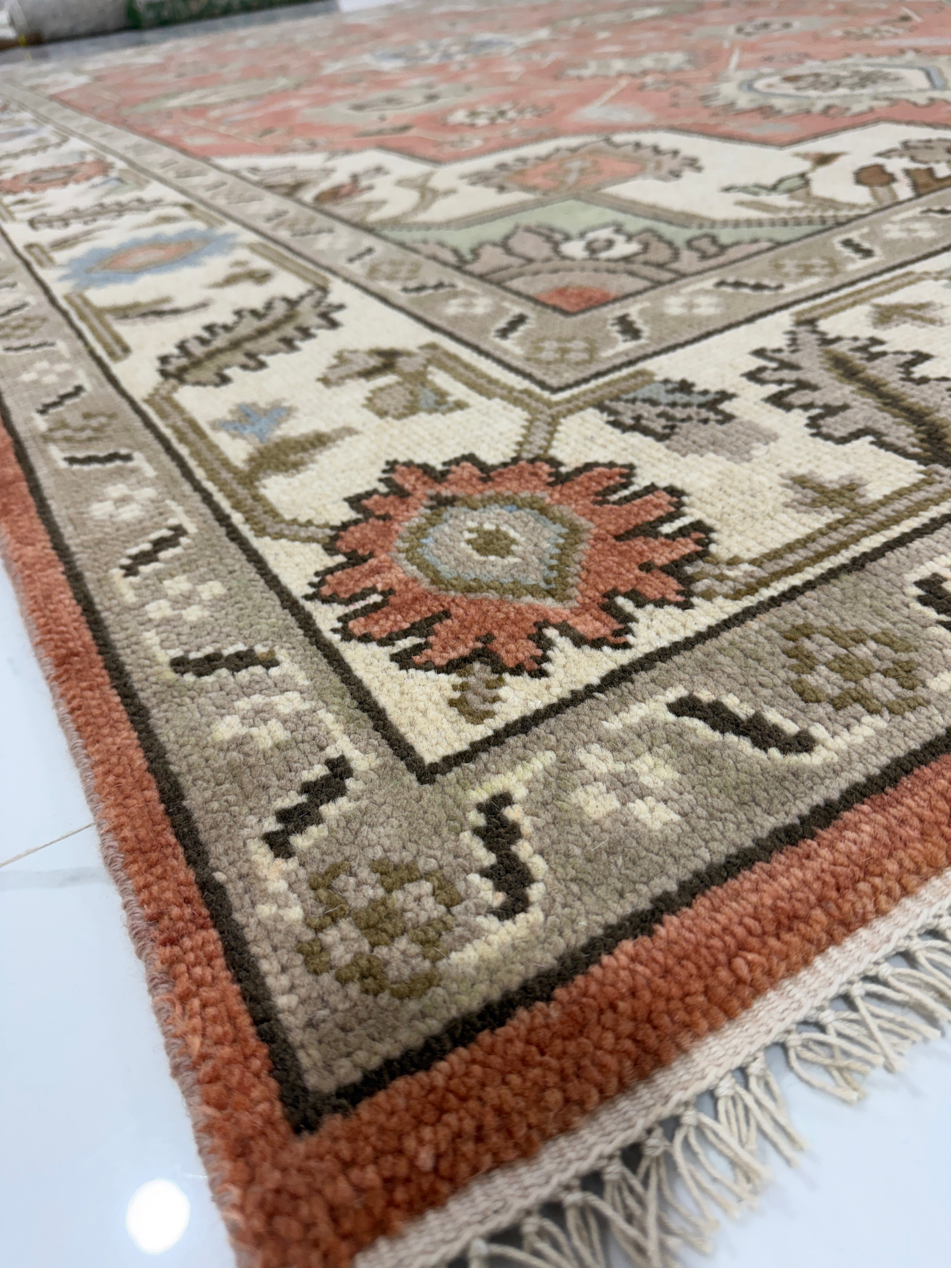 Vintage Terracotta Rug, Handmade Traditional Floral Area Rug, Persian Style Carpet, Beige Border, Boho Rustic Home Decor