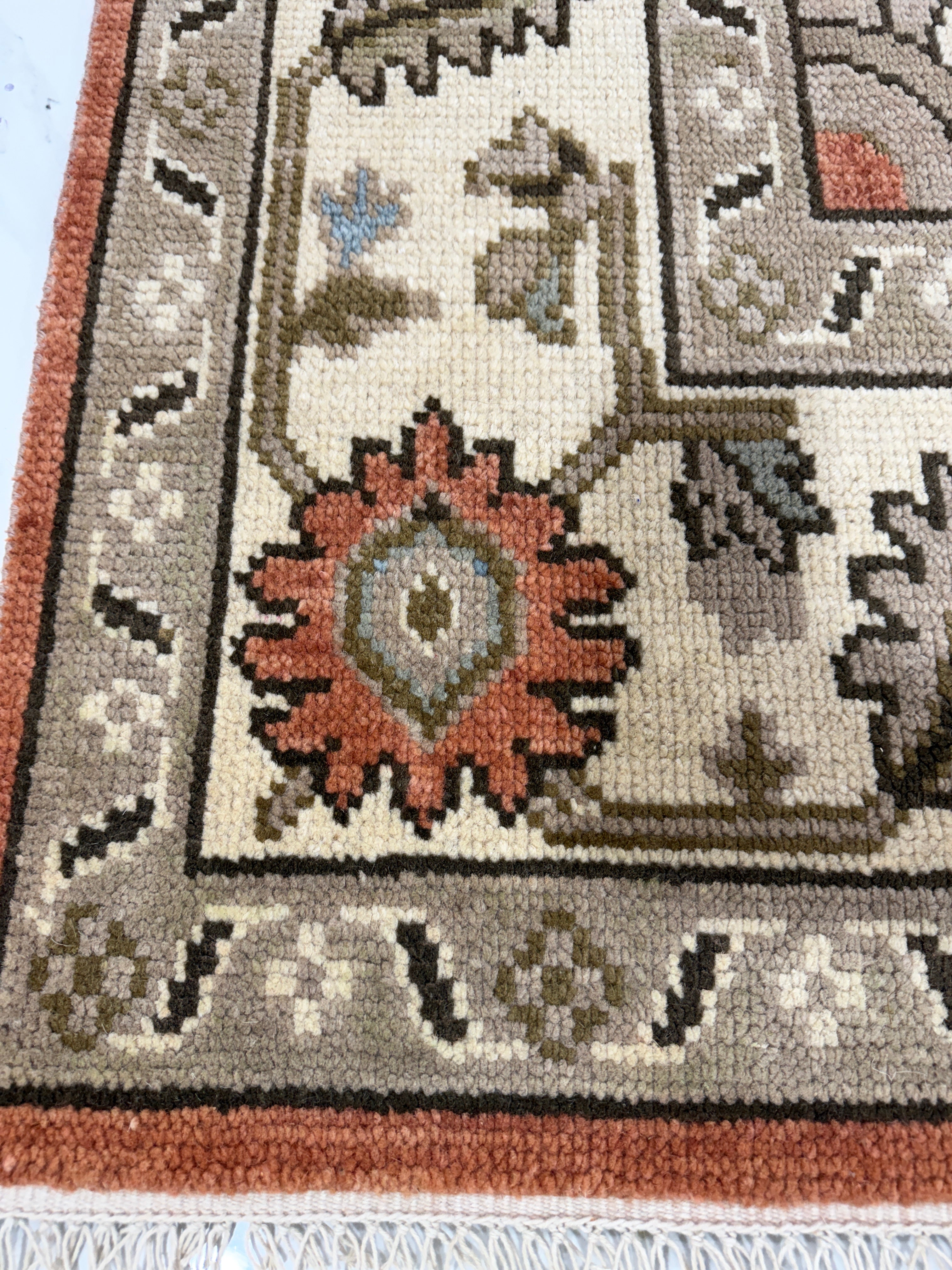 Vintage Terracotta Rug, Handmade Traditional Floral Area Rug, Persian Style Carpet, Beige Border, Boho Rustic Home Decor