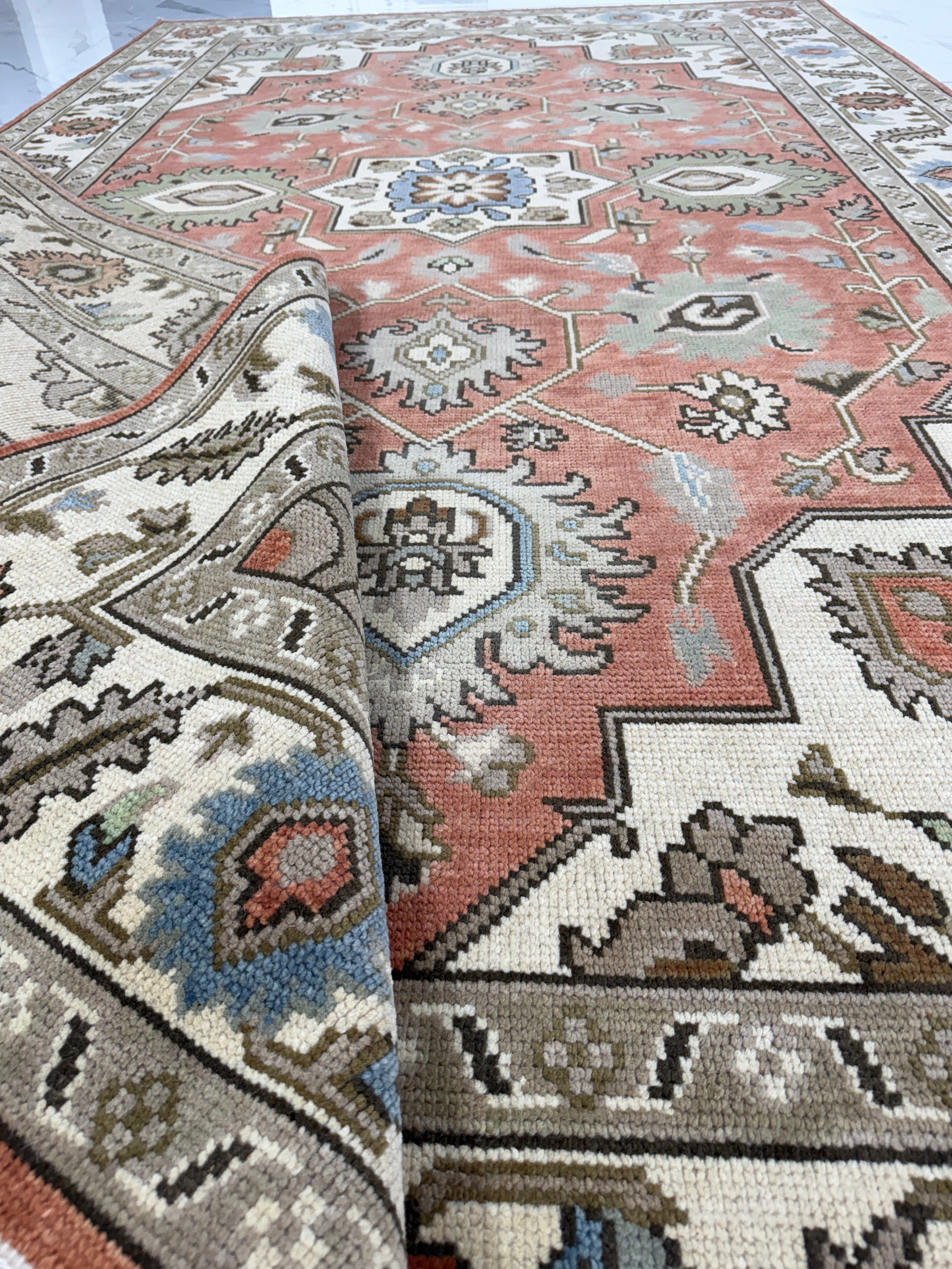 Vintage Terracotta Rug, Handmade Traditional Floral Area Rug, Persian Style Carpet, Beige Border, Boho Rustic Home Decor