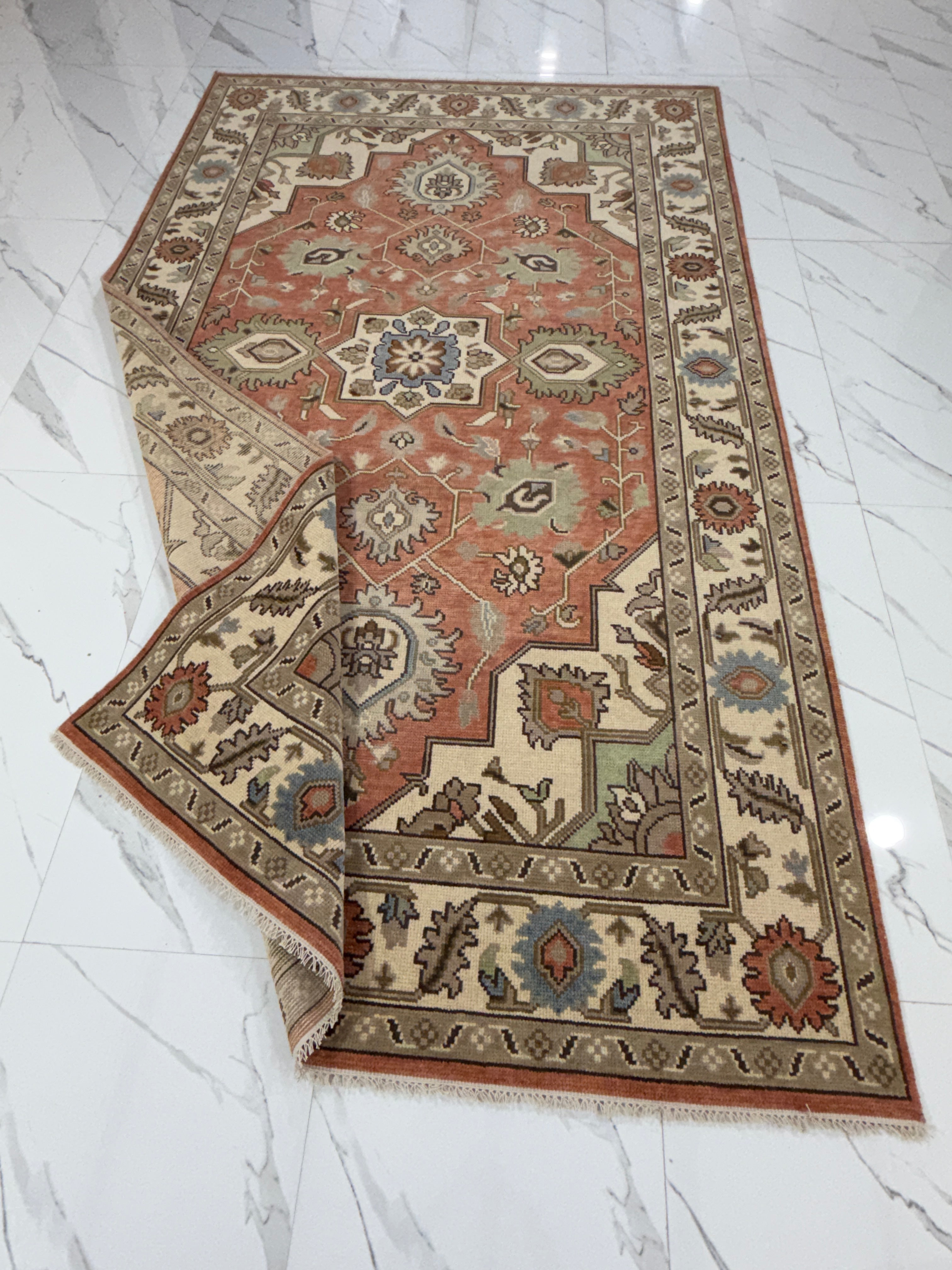 Vintage Terracotta Rug, Handmade Traditional Floral Area Rug, Persian Style Carpet, Beige Border, Boho Rustic Home Decor