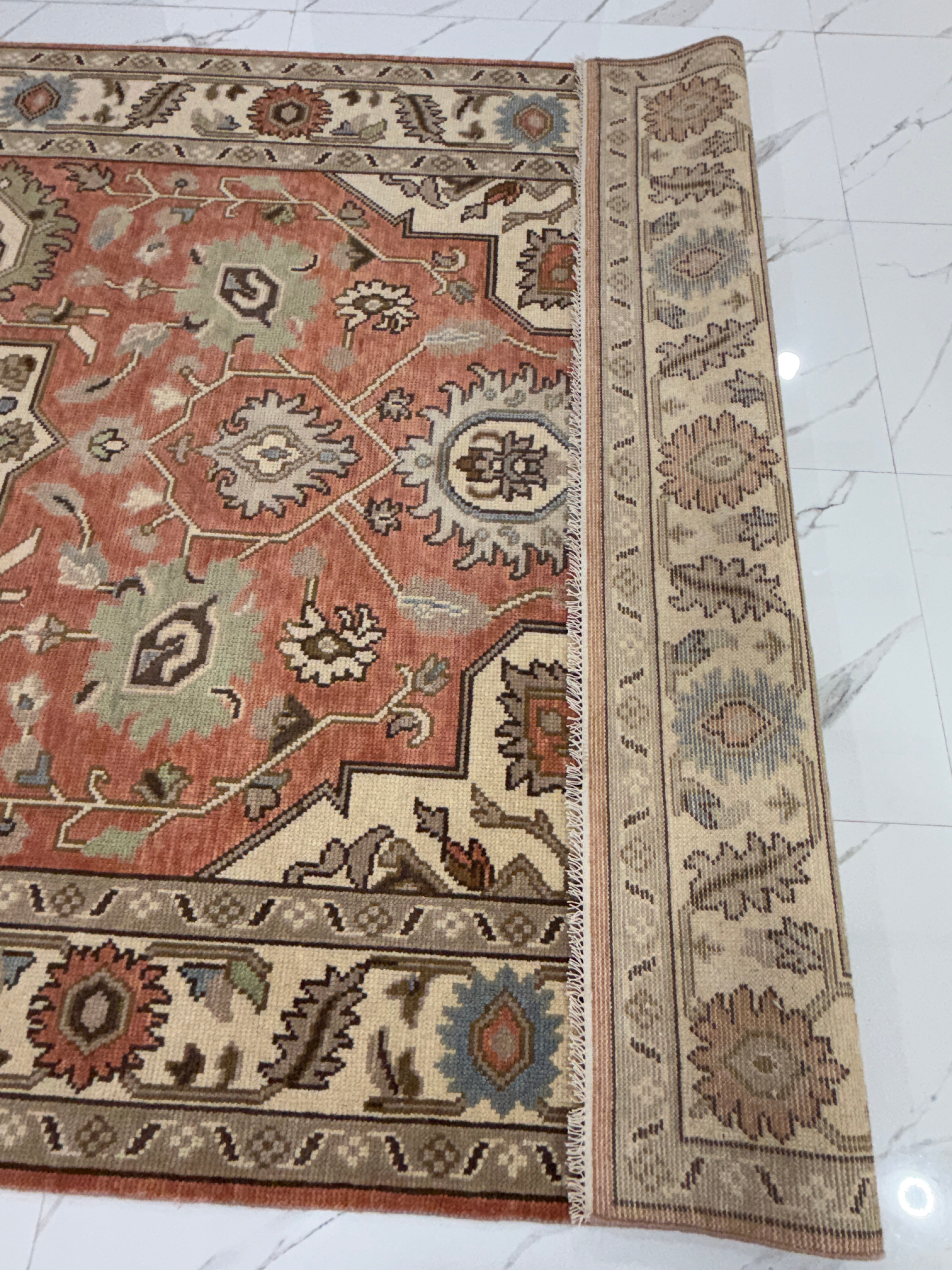 Vintage Terracotta Rug, Handmade Traditional Floral Area Rug, Persian Style Carpet, Beige Border, Boho Rustic Home Decor