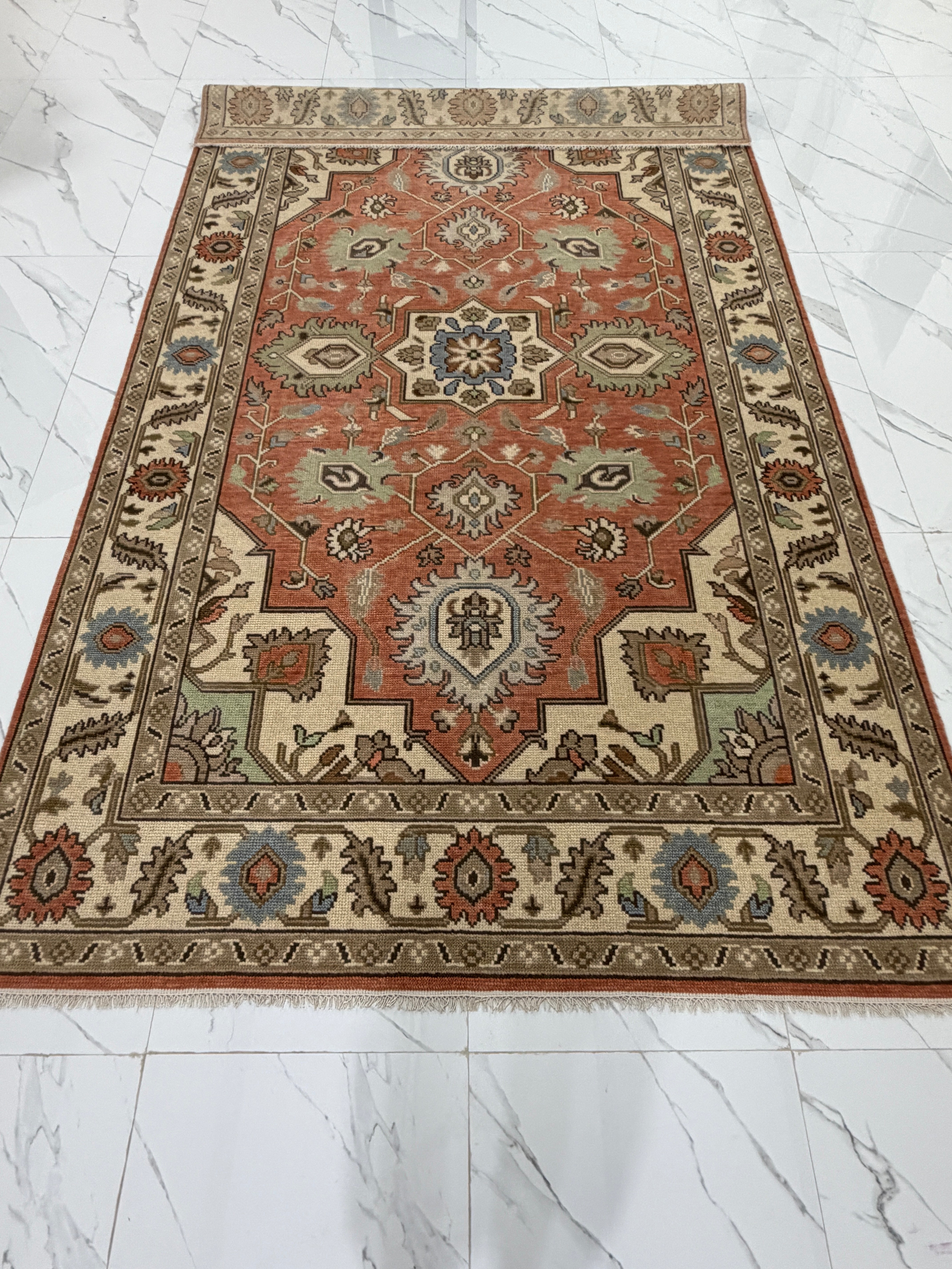 Vintage Terracotta Rug, Handmade Traditional Floral Area Rug, Persian Style Carpet, Beige Border, Boho Rustic Home Decor
