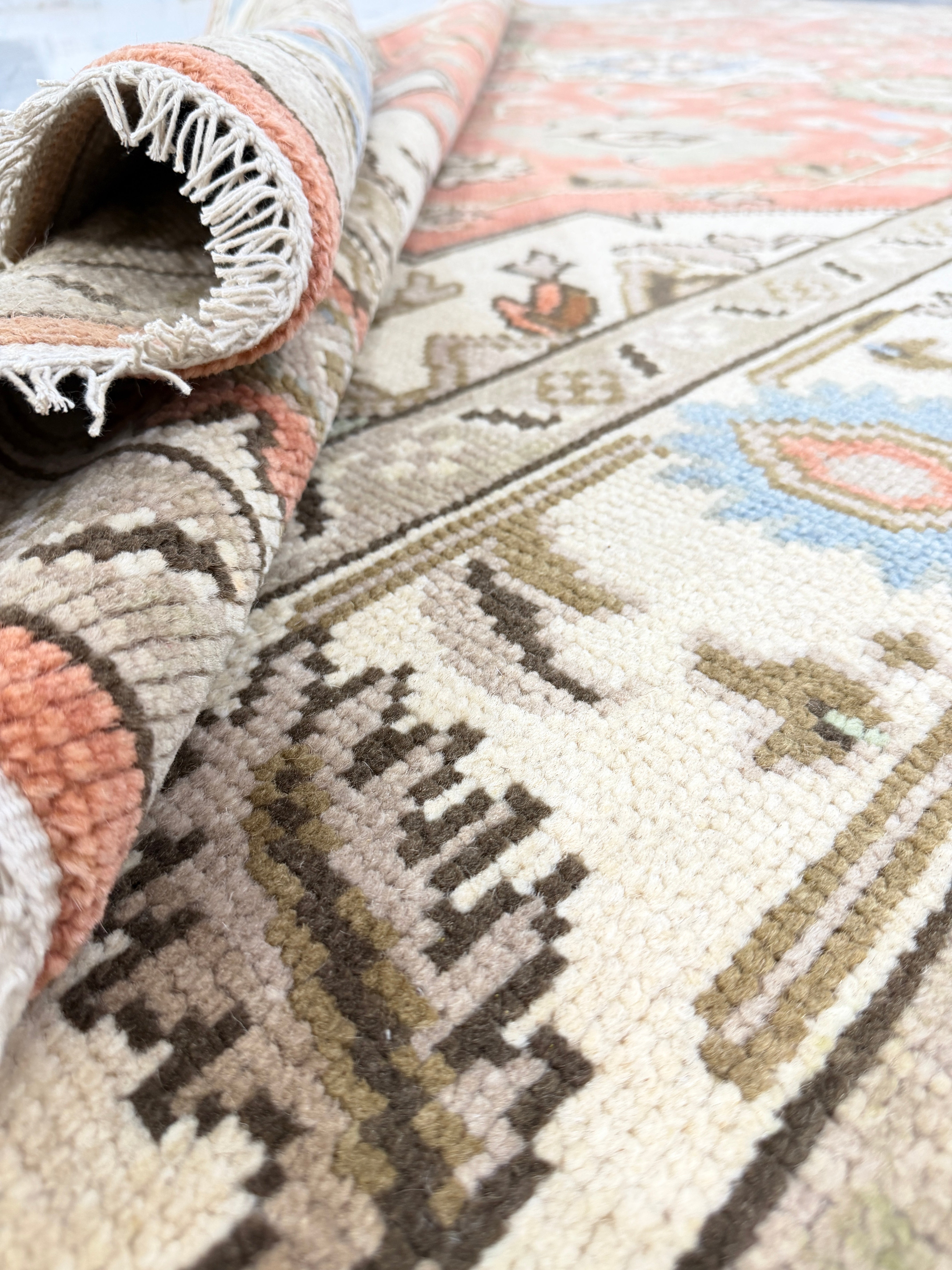 Vintage Terracotta Rug, Handmade Traditional Floral Area Rug, Persian Style Carpet, Beige Border, Boho Rustic Home Decor