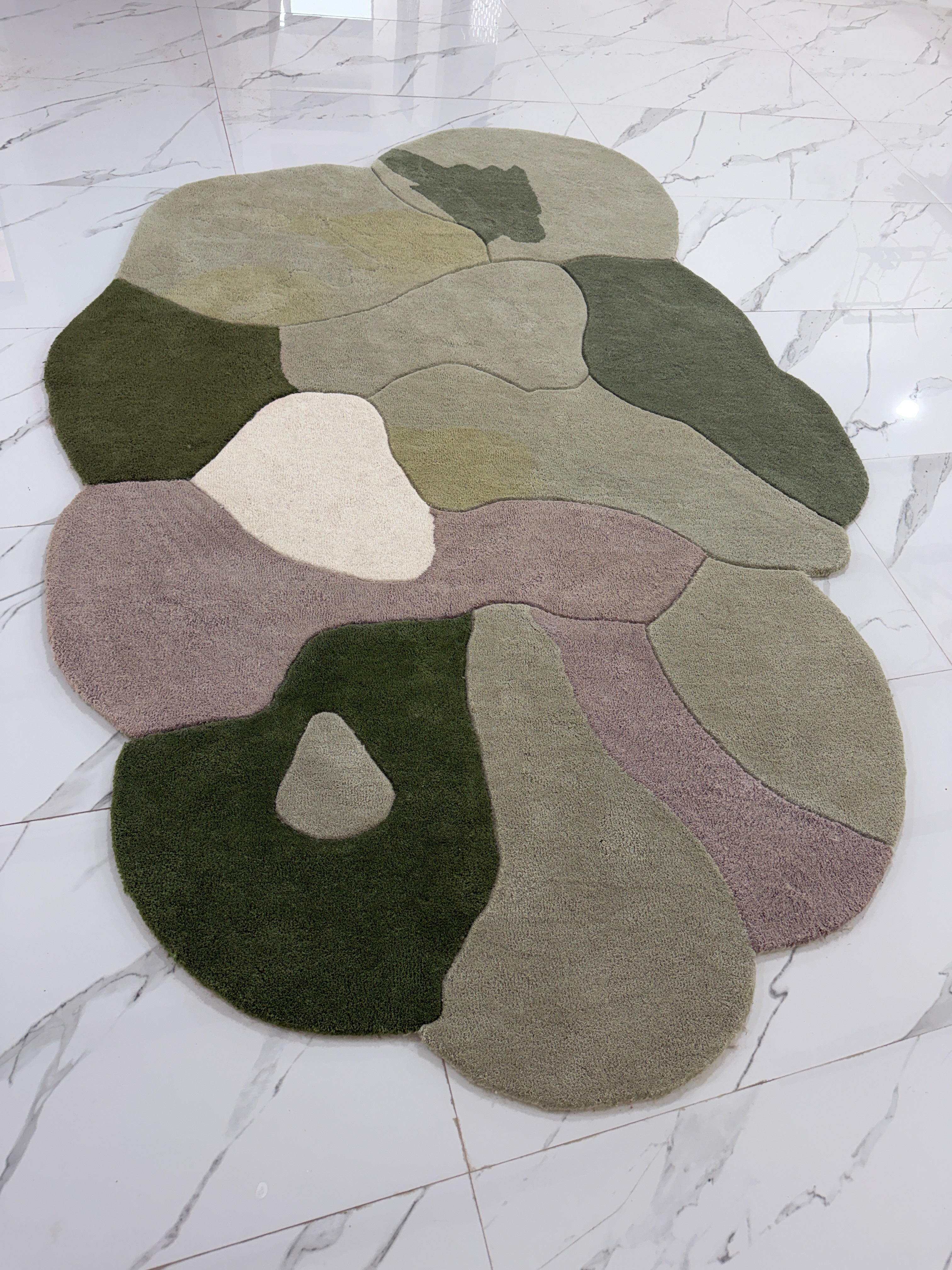Handmade Abstract Area Rug, Organic Shape Wool Rug, Modern Sage Green Mauve Carpet, Irregular Blob Rug, Contemporary Living Room Decor