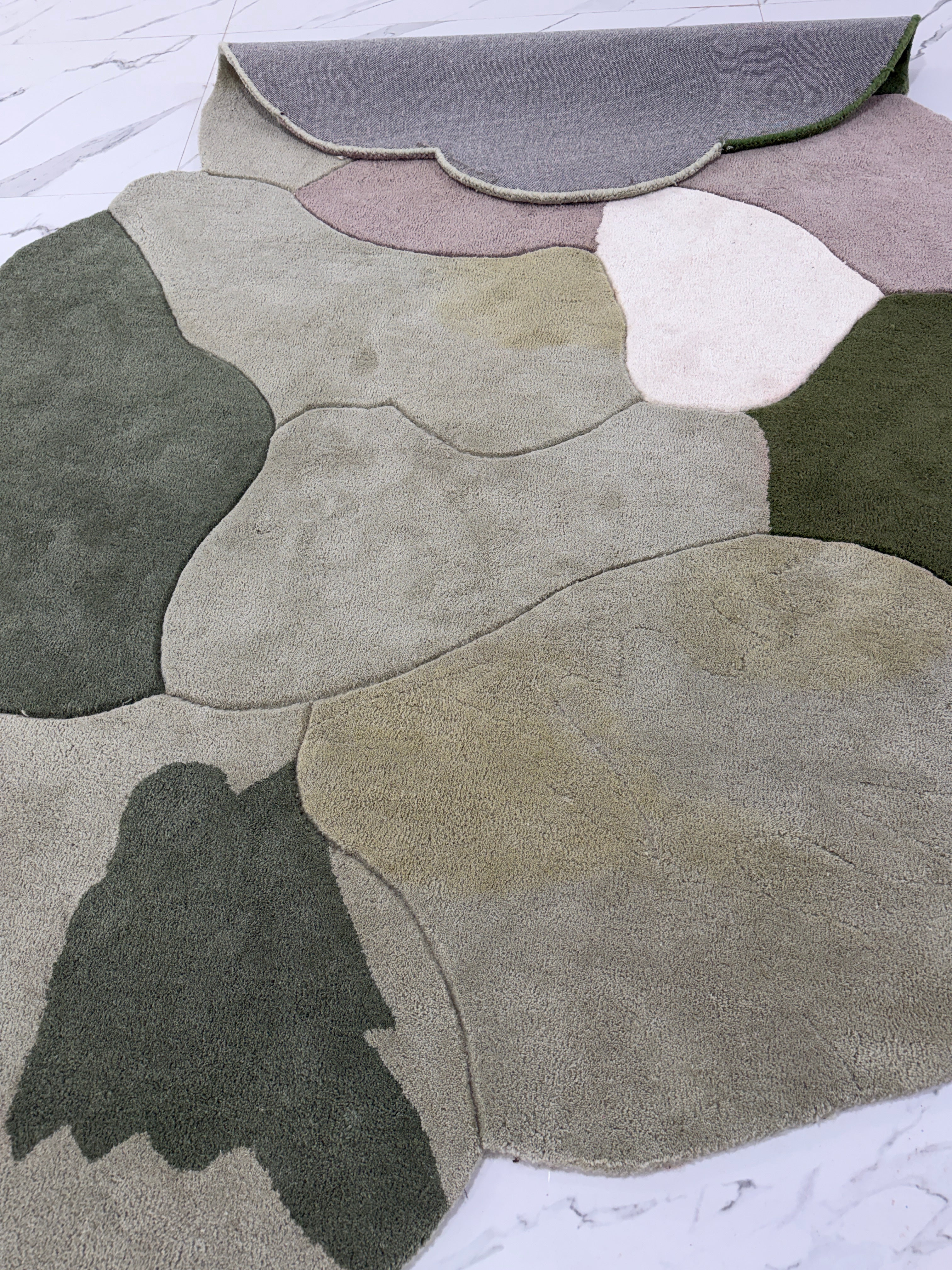 Handmade Abstract Area Rug, Organic Shape Wool Rug, Modern Sage Green Mauve Carpet, Irregular Blob Rug, Contemporary Living Room Decor