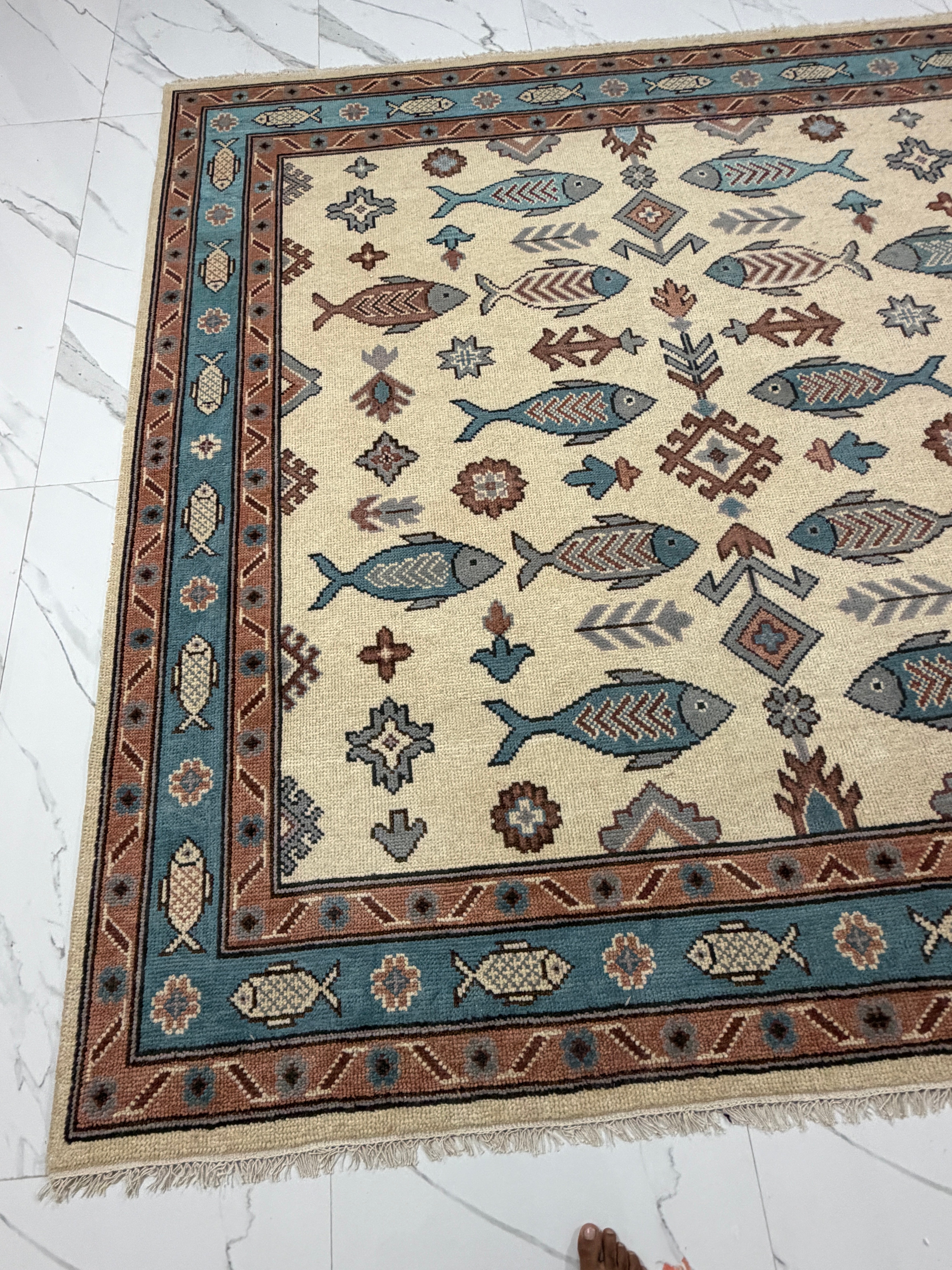 Fish Pattern Rug | Tribal Area Rug | Blue Rust Geometric Carpet | Coastal Boho Decor | Vintage Inspired Fish Rug
