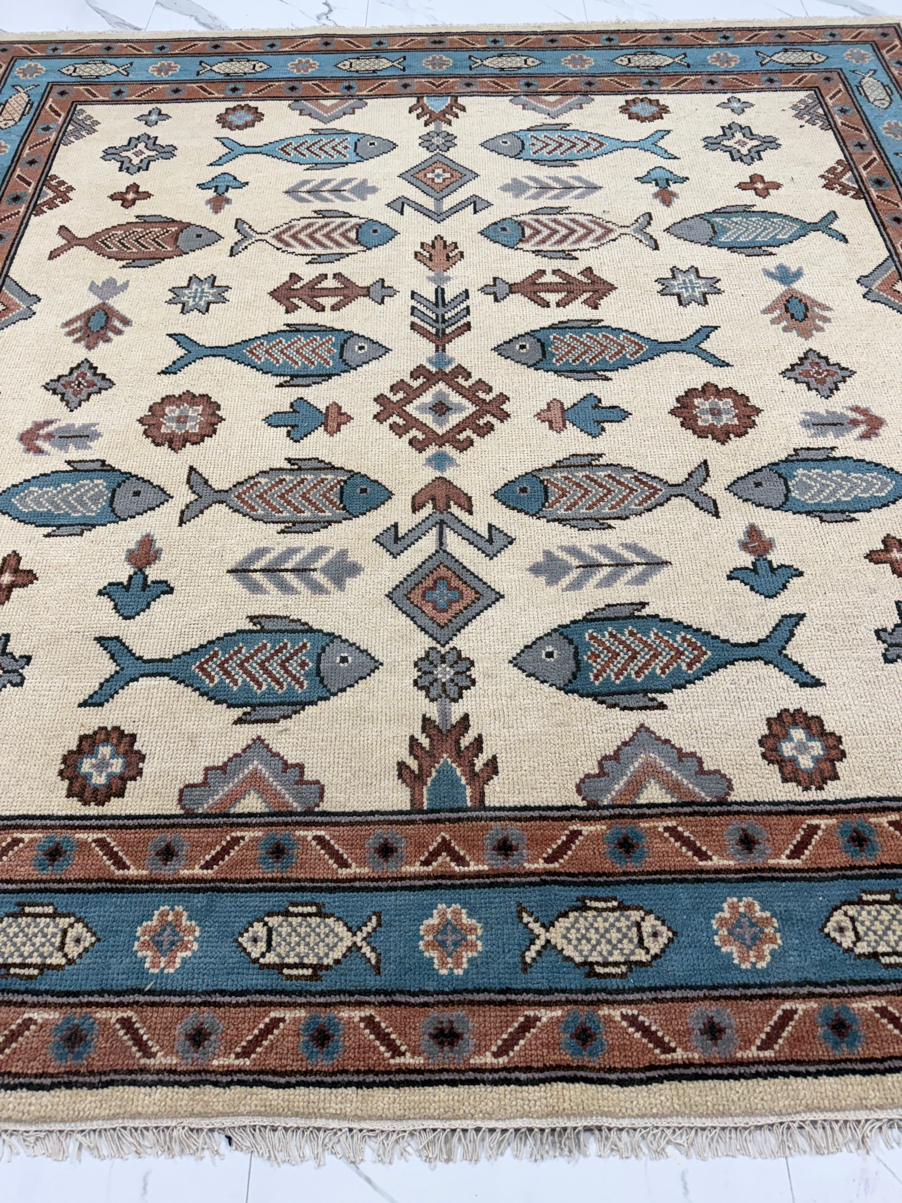 Fish Pattern Rug | Tribal Area Rug | Blue Rust Geometric Carpet | Coastal Boho Decor | Vintage Inspired Fish Rug