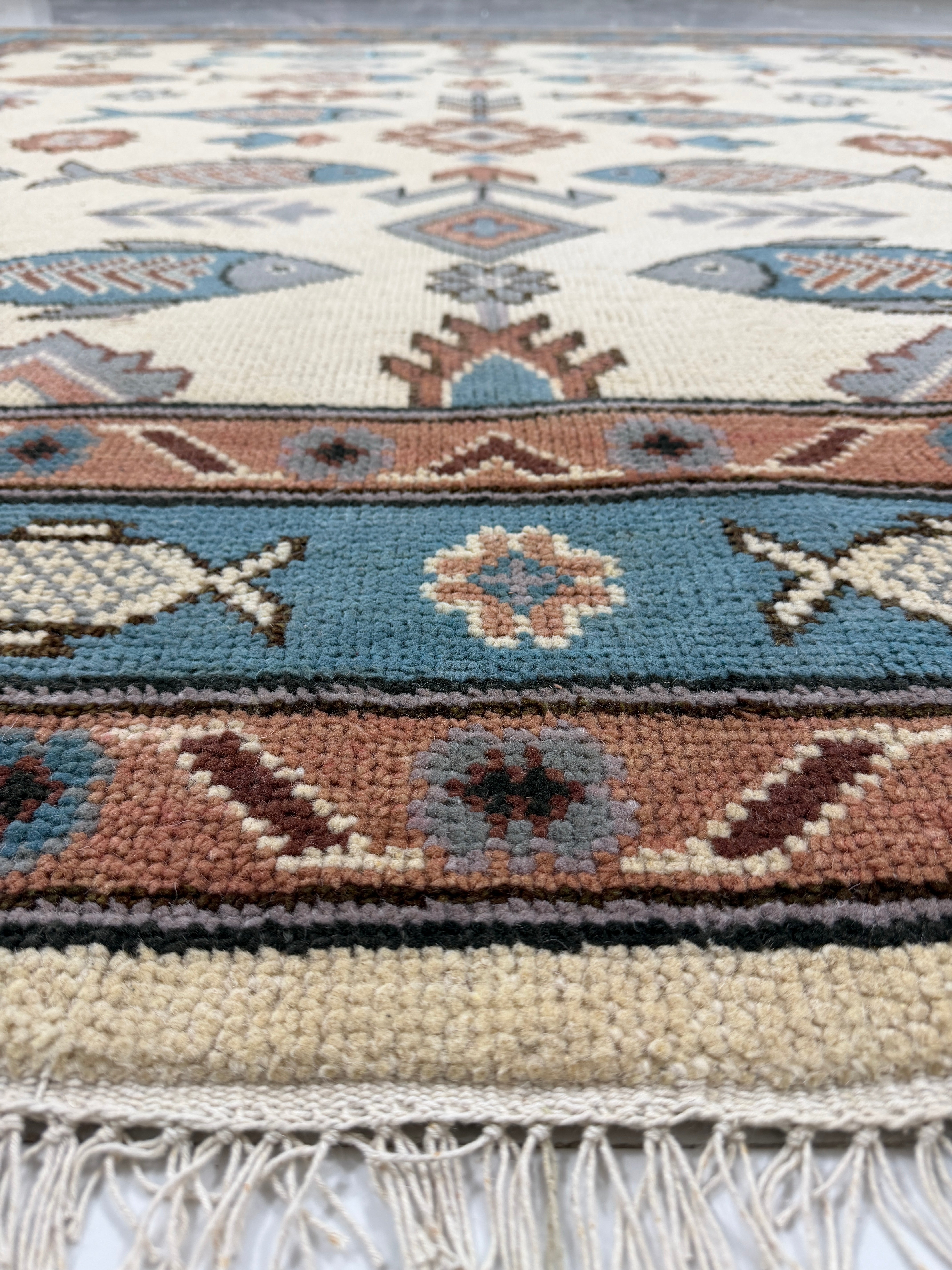 Fish Pattern Rug | Tribal Area Rug | Blue Rust Geometric Carpet | Coastal Boho Decor | Vintage Inspired Fish Rug