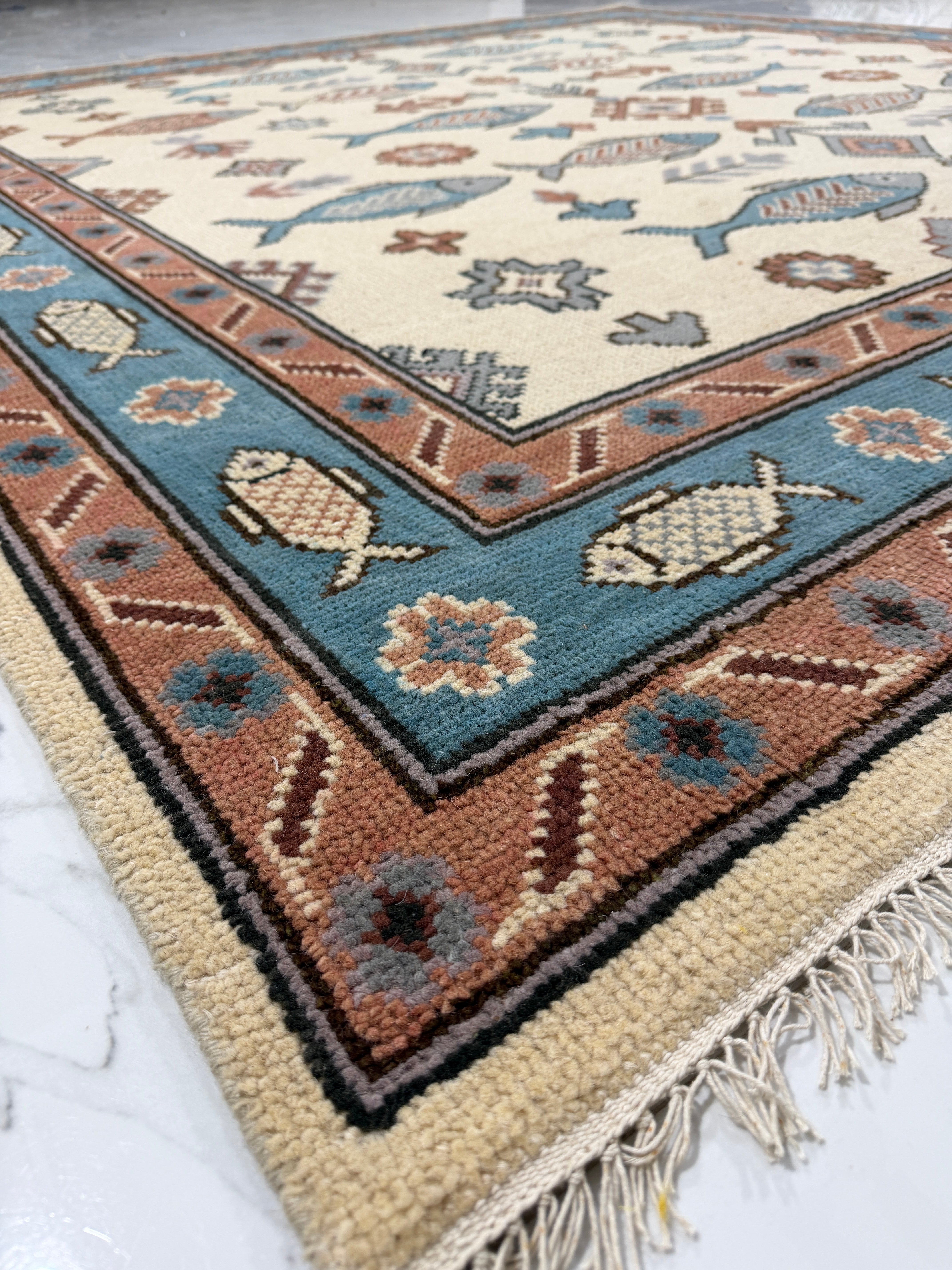 Fish Pattern Rug | Tribal Area Rug | Blue Rust Geometric Carpet | Coastal Boho Decor | Vintage Inspired Fish Rug
