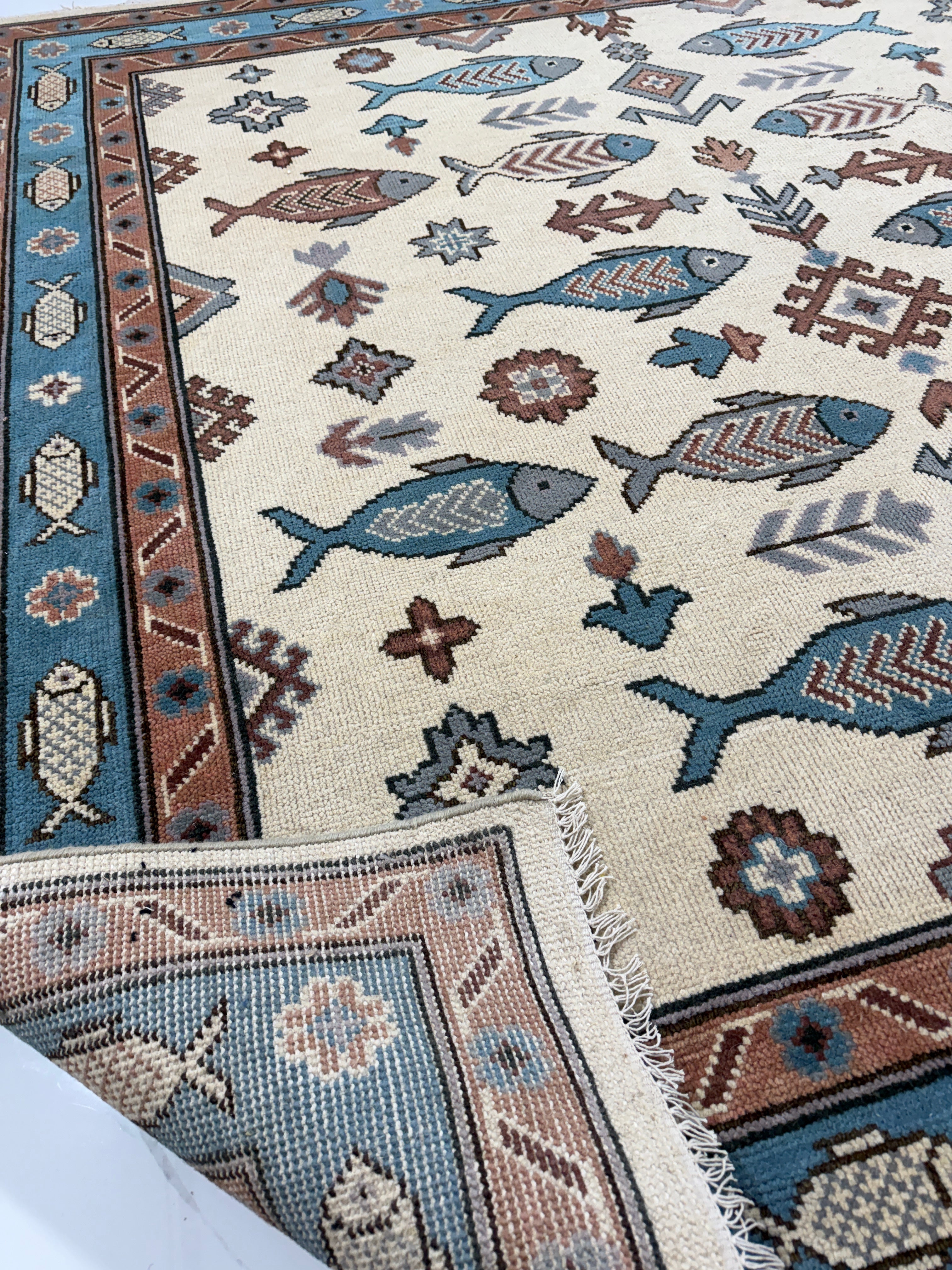 Fish Pattern Rug | Tribal Area Rug | Blue Rust Geometric Carpet | Coastal Boho Decor | Vintage Inspired Fish Rug
