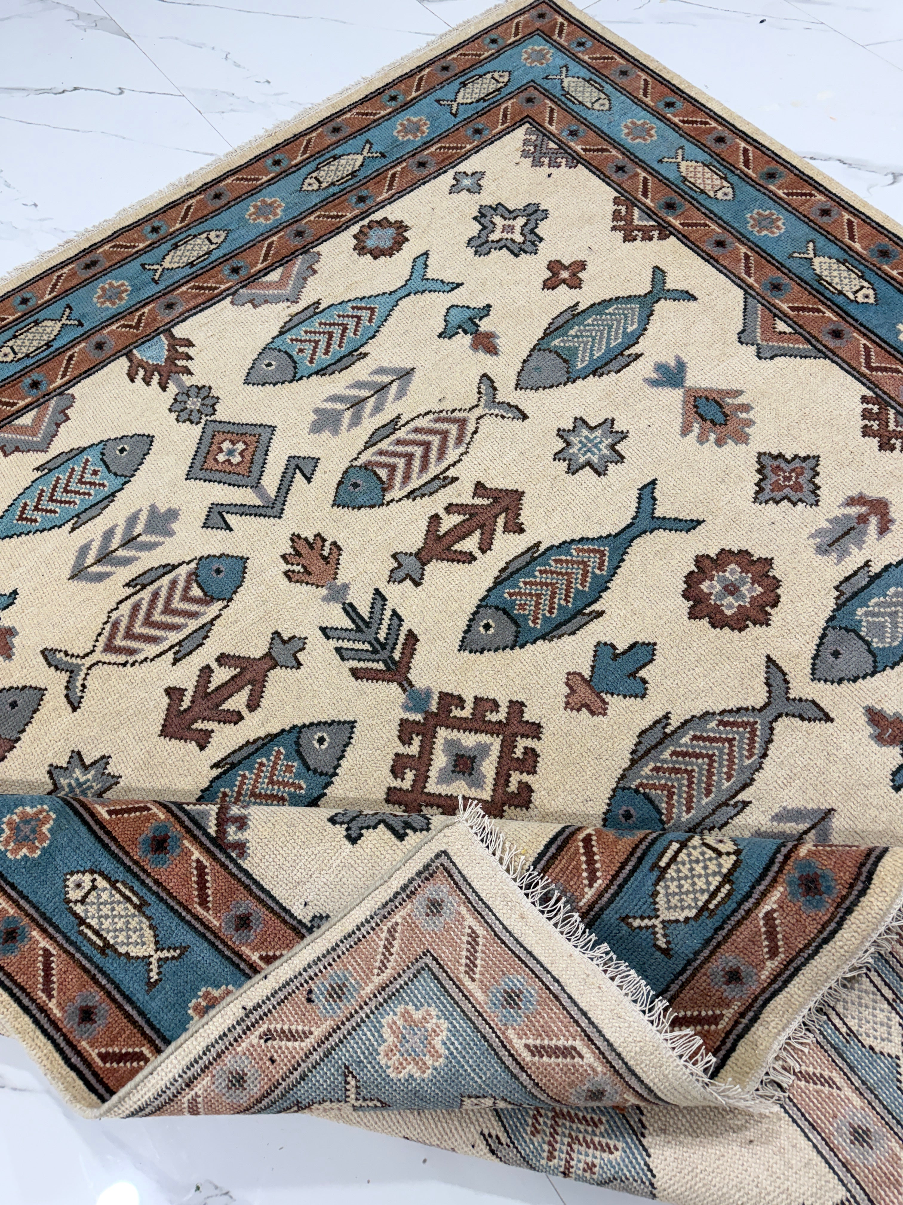Fish Pattern Rug | Tribal Area Rug | Blue Rust Geometric Carpet | Coastal Boho Decor | Vintage Inspired Fish Rug