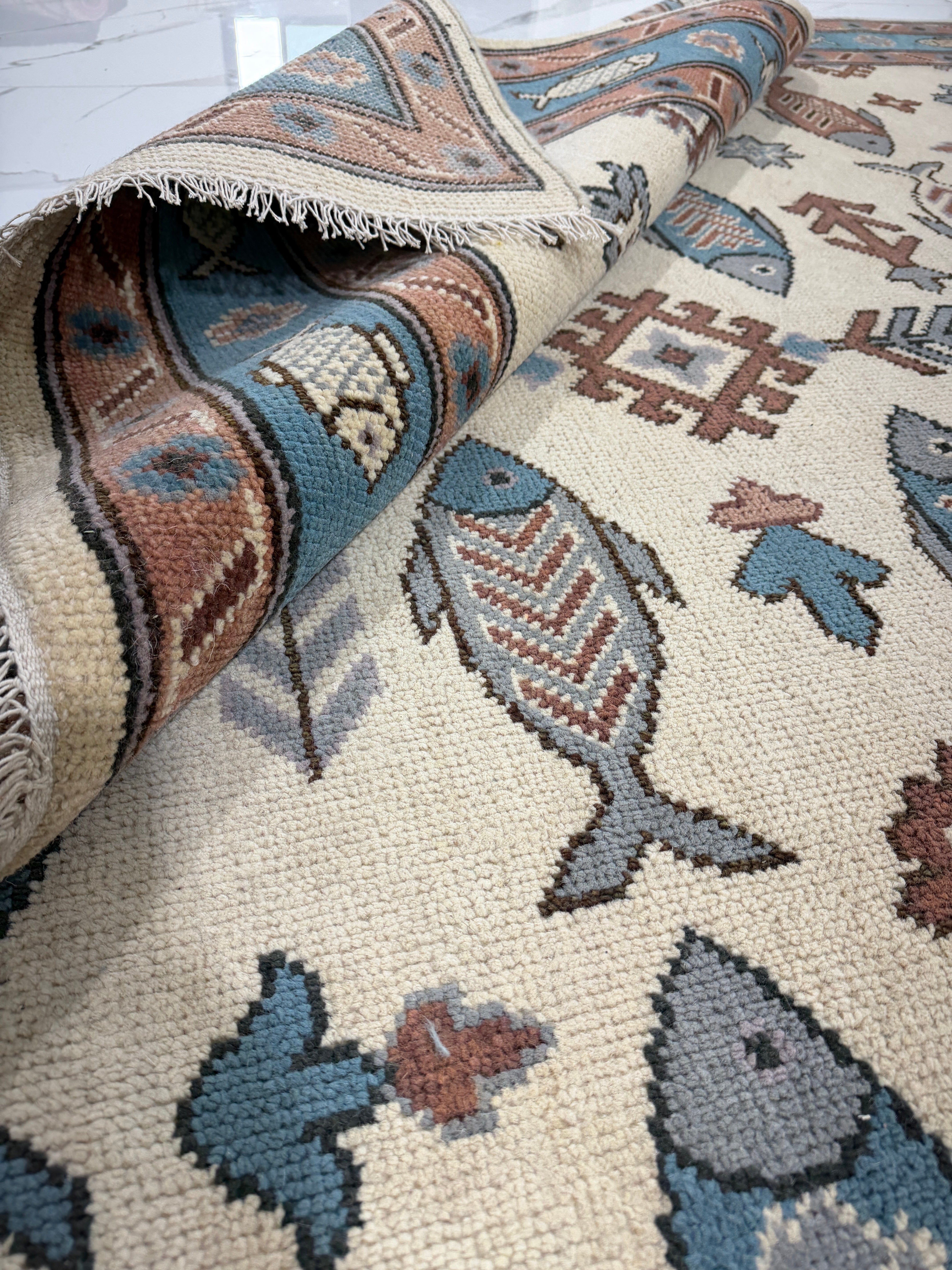 Fish Pattern Rug | Tribal Area Rug | Blue Rust Geometric Carpet | Coastal Boho Decor | Vintage Inspired Fish Rug