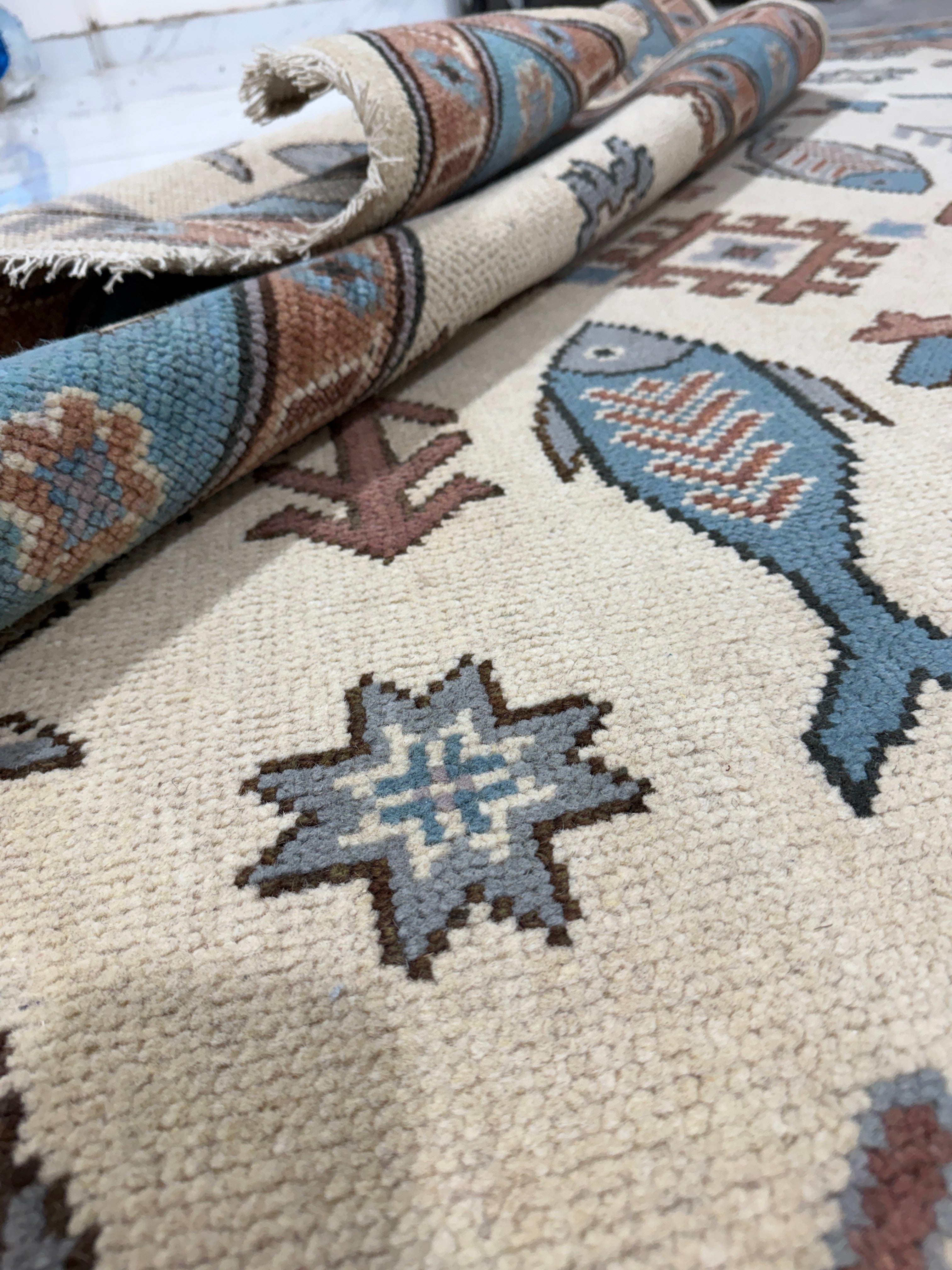 Fish Pattern Rug | Tribal Area Rug | Blue Rust Geometric Carpet | Coastal Boho Decor | Vintage Inspired Fish Rug
