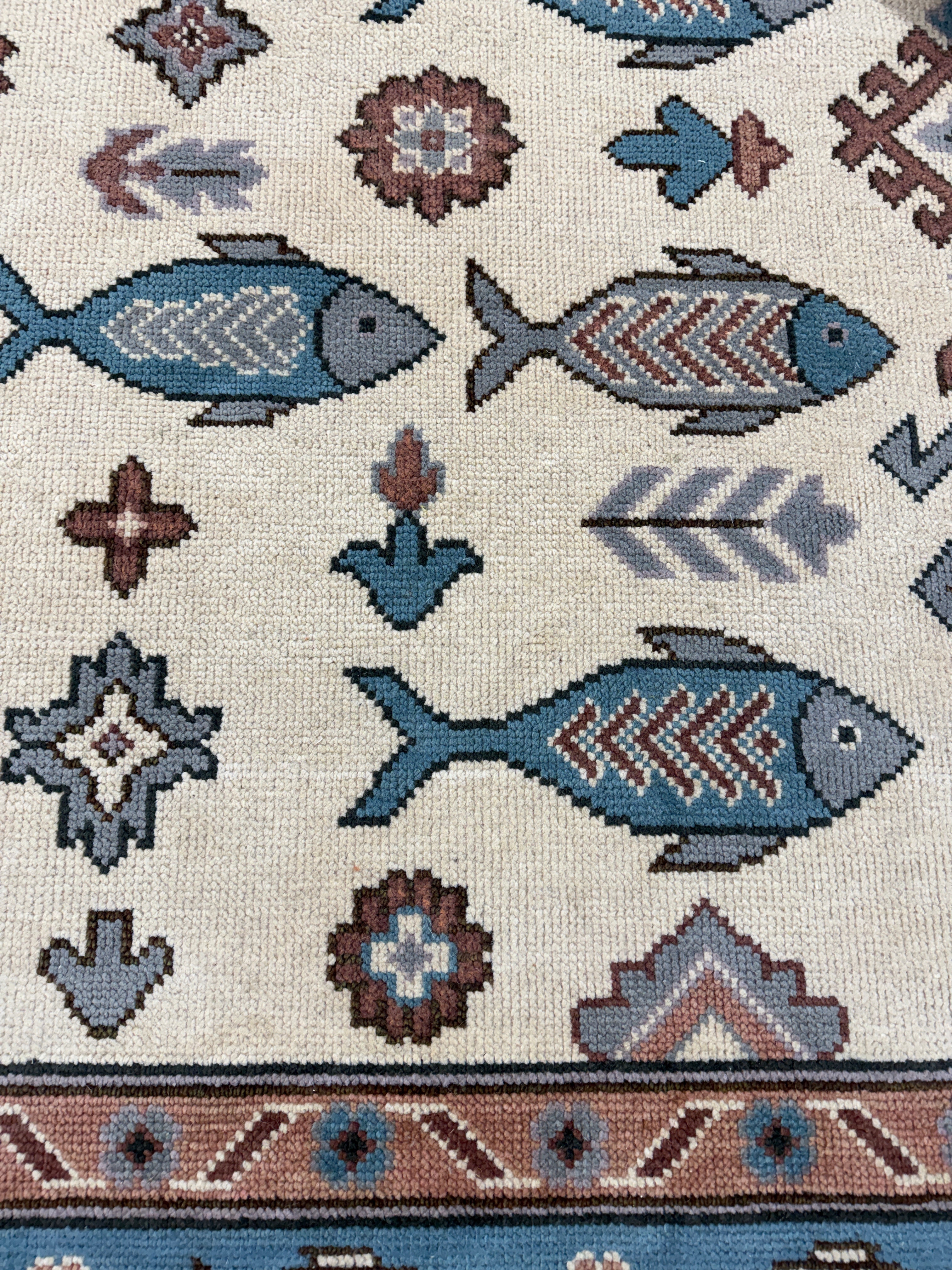 Fish Pattern Rug | Tribal Area Rug | Blue Rust Geometric Carpet | Coastal Boho Decor | Vintage Inspired Fish Rug
