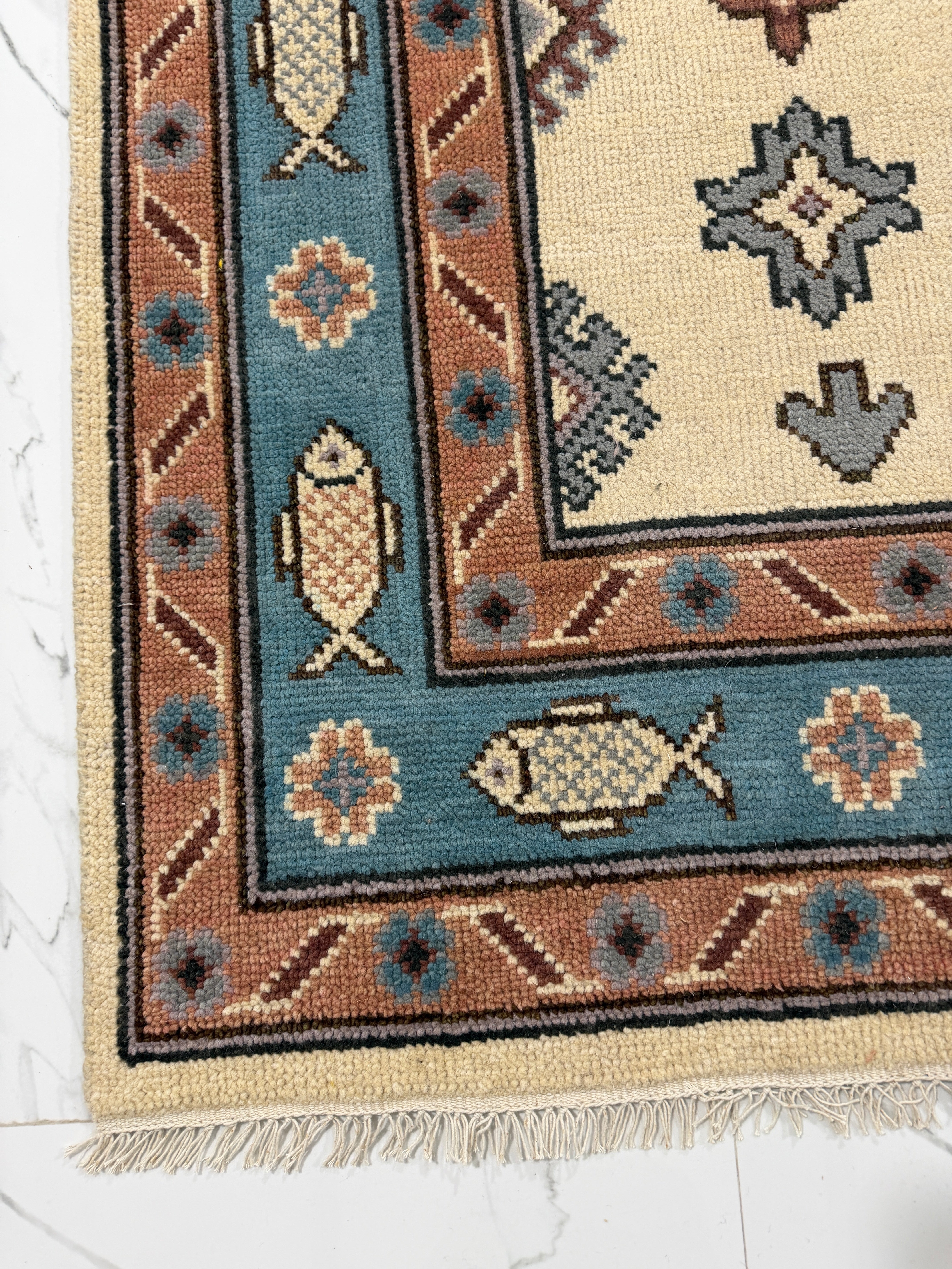 Fish Pattern Rug | Tribal Area Rug | Blue Rust Geometric Carpet | Coastal Boho Decor | Vintage Inspired Fish Rug