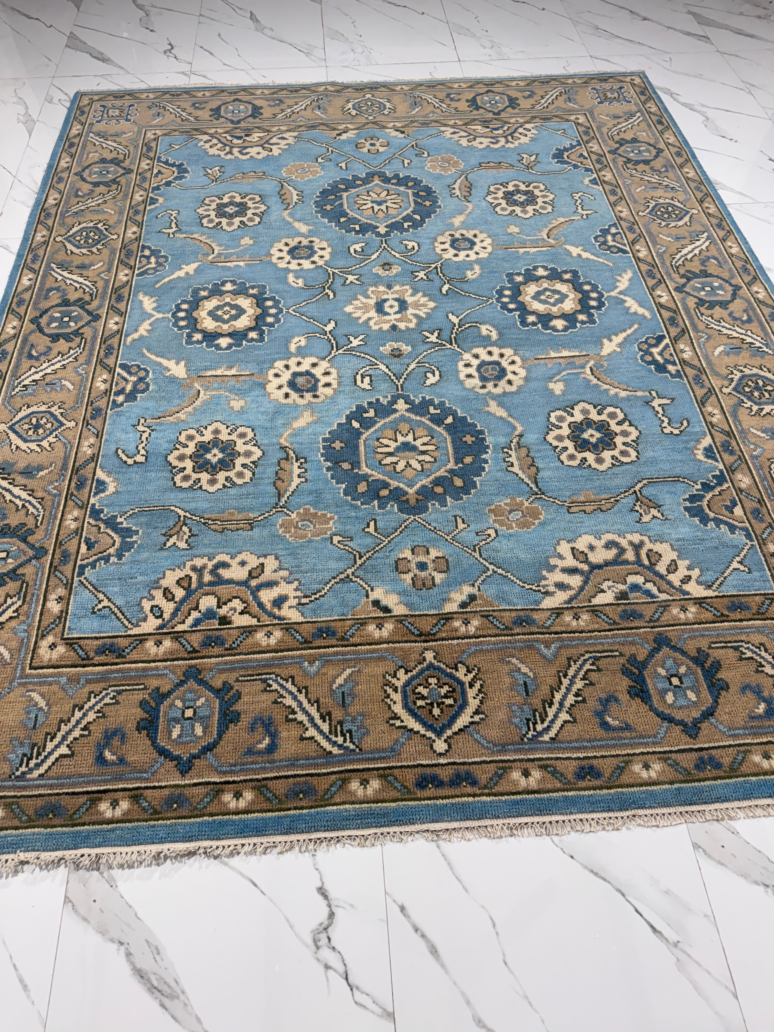 Vintage Blue Persian Rug, Traditional Floral Area Rug, Blue Beige Oriental Carpet, Classic Medallion Rug, Living Room Bedroom Rug