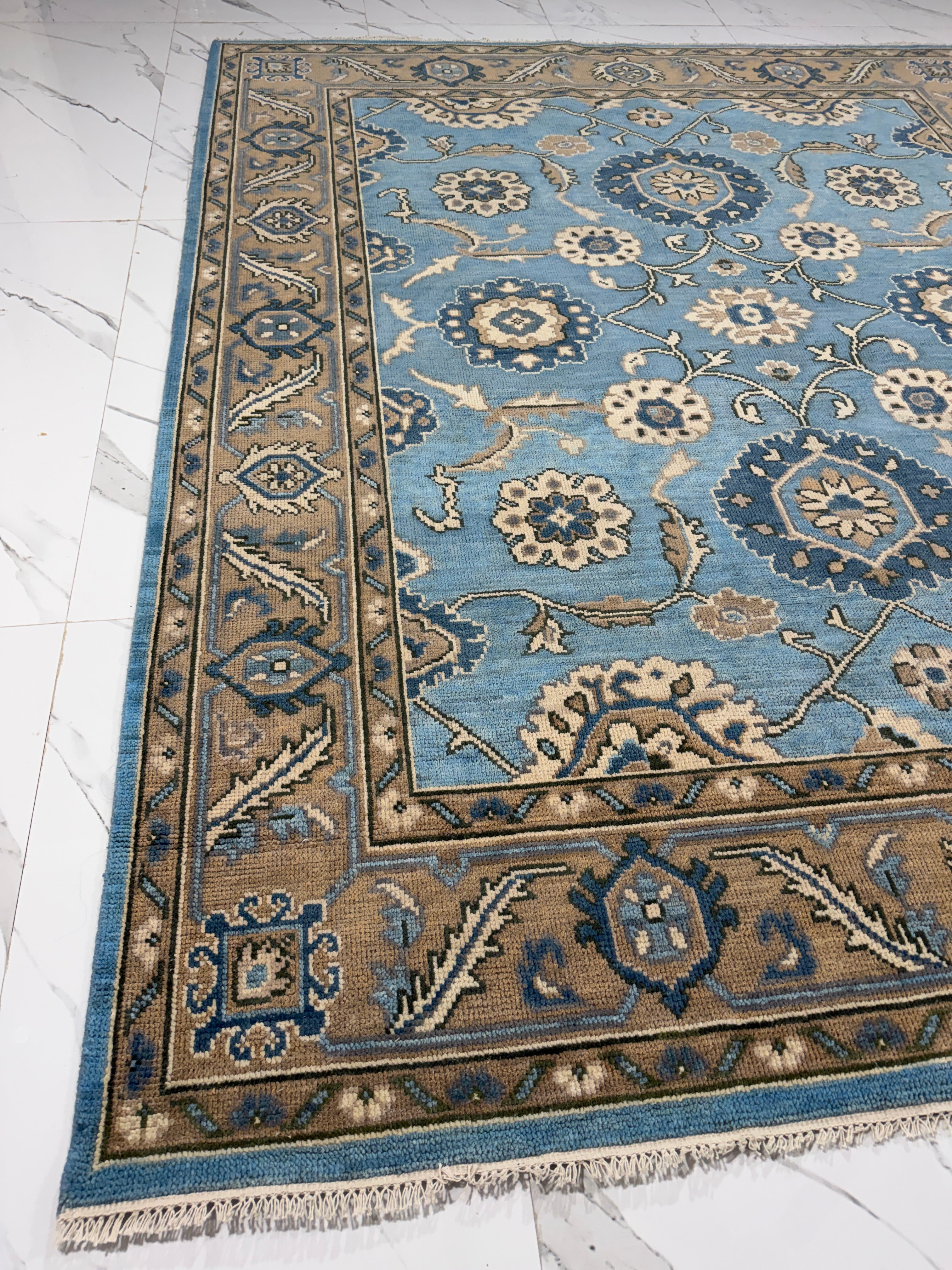 Vintage Blue Persian Rug, Traditional Floral Area Rug, Blue Beige Oriental Carpet, Classic Medallion Rug, Living Room Bedroom Rug