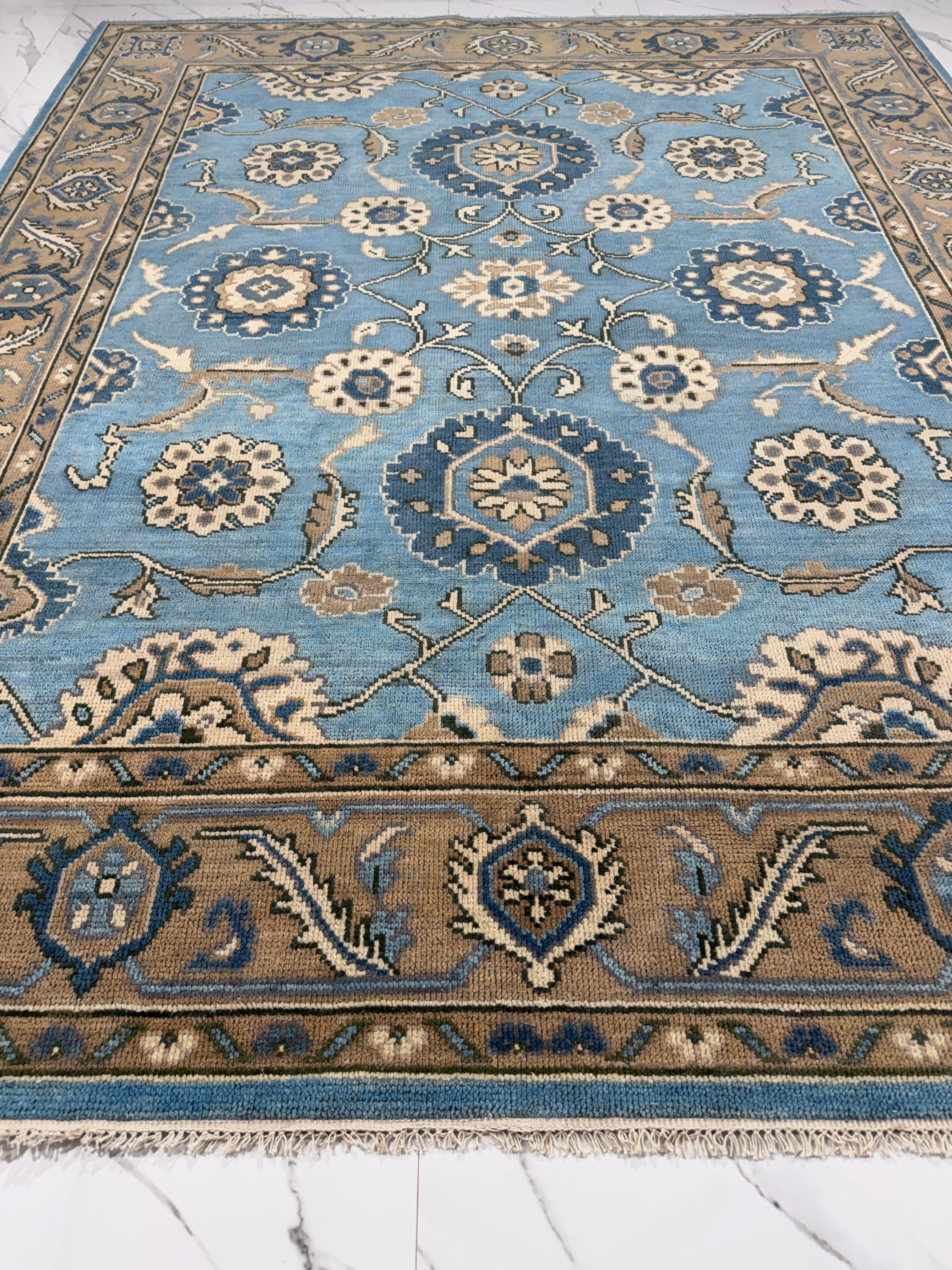 Vintage Blue Persian Rug, Traditional Floral Area Rug, Blue Beige Oriental Carpet, Classic Medallion Rug, Living Room Bedroom Rug