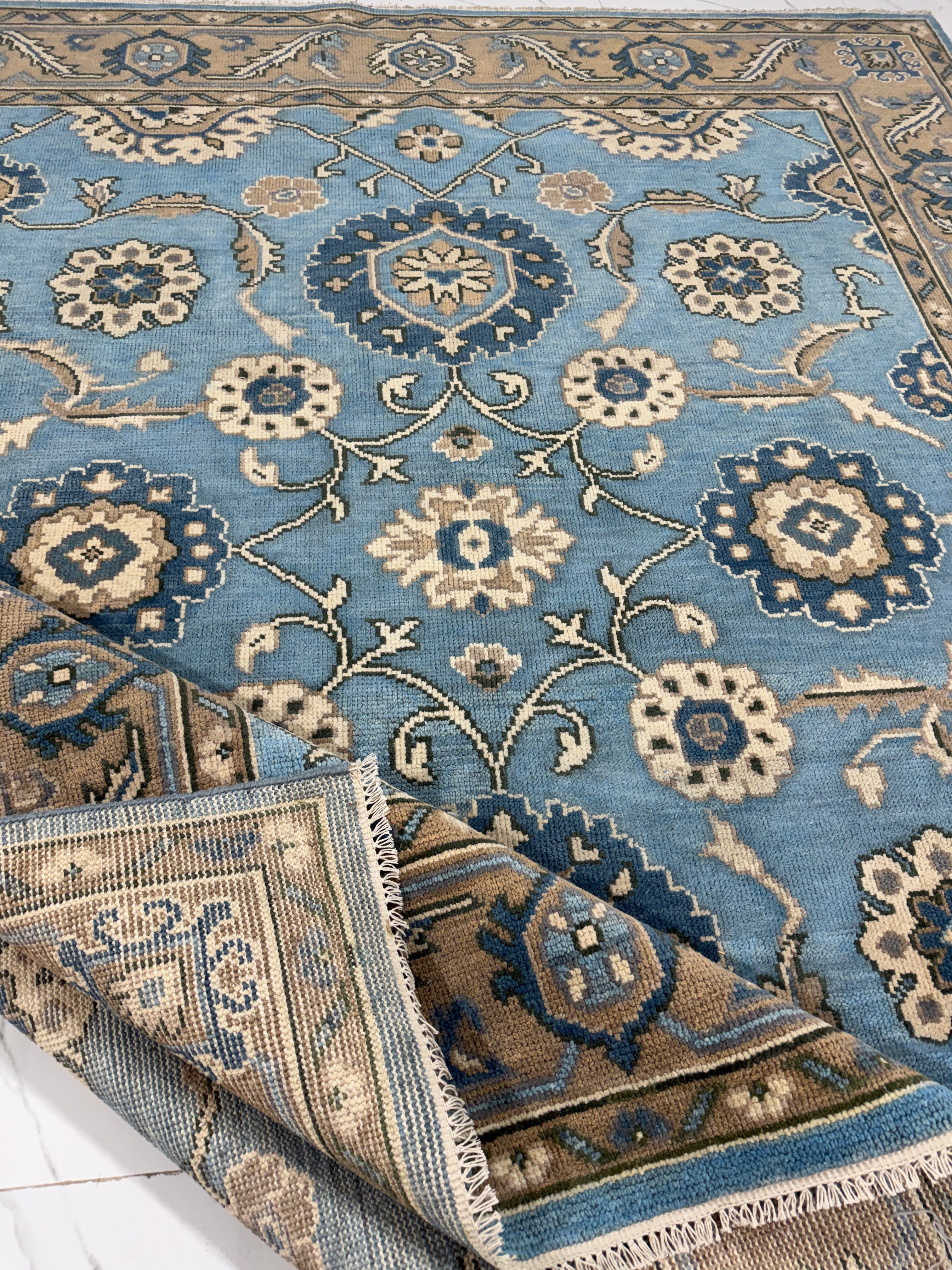 Vintage Blue Persian Rug, Traditional Floral Area Rug, Blue Beige Oriental Carpet, Classic Medallion Rug, Living Room Bedroom Rug