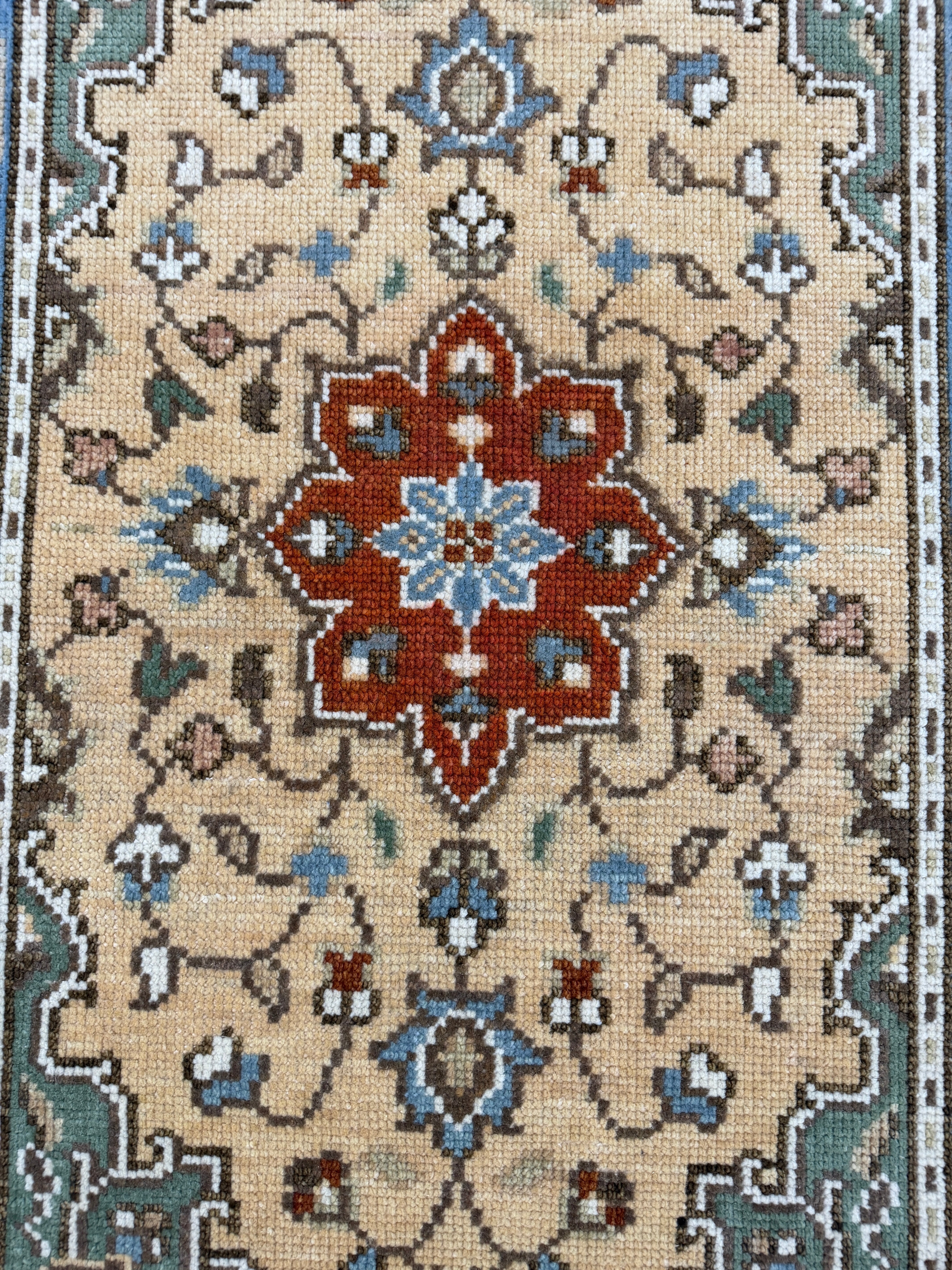 Vintage Handmade Wool Rug, Persian Style Floral Area Rug, Blue Border Traditional Carpet, Hand Knotted Accent Rug