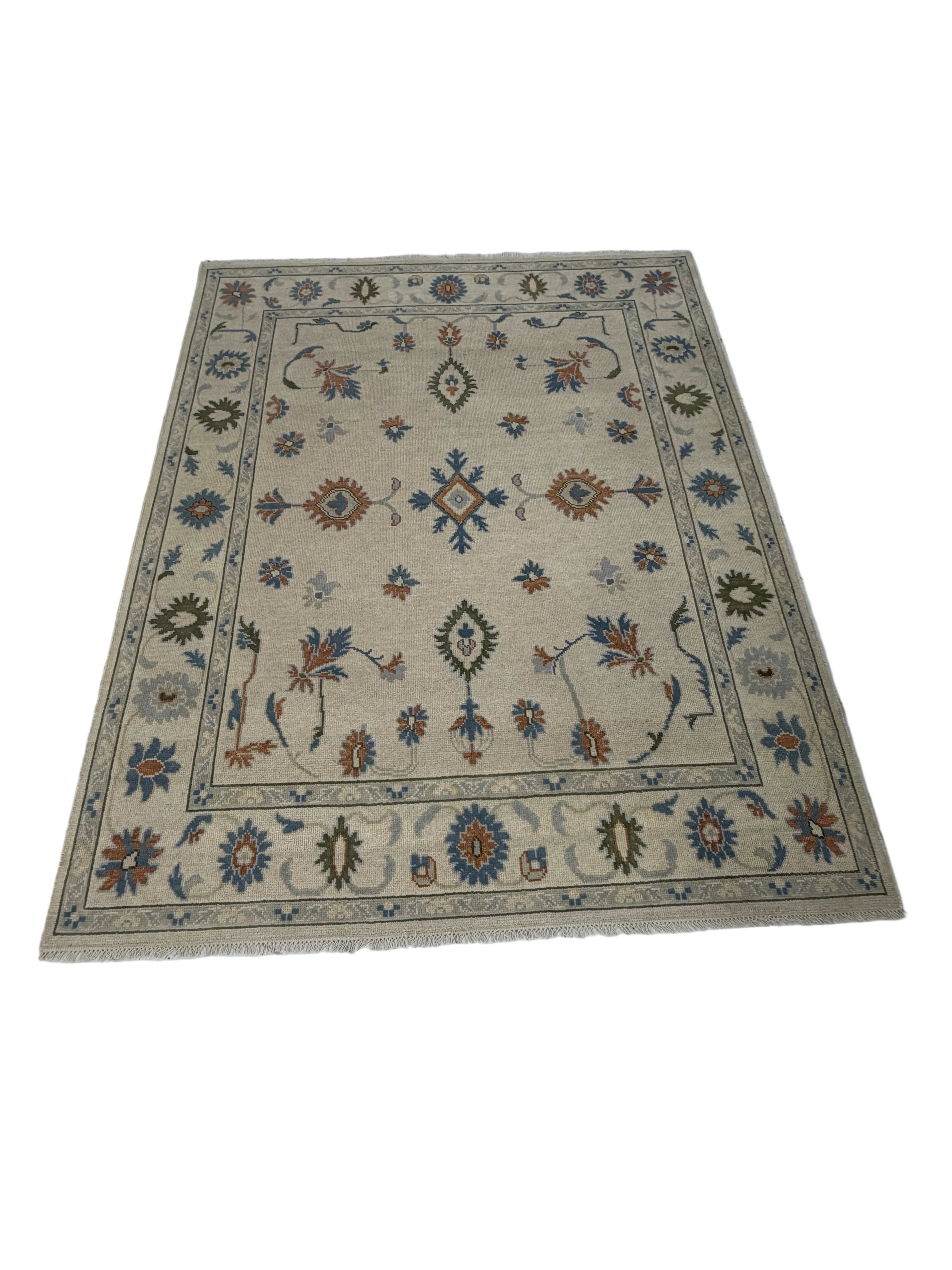 Handmade Tribal Area Rug, Ivory Blue Geometric Carpet, Rustic Vintage Style Rug, Boho Living Room Decor, GREEN TOUCH CARPET