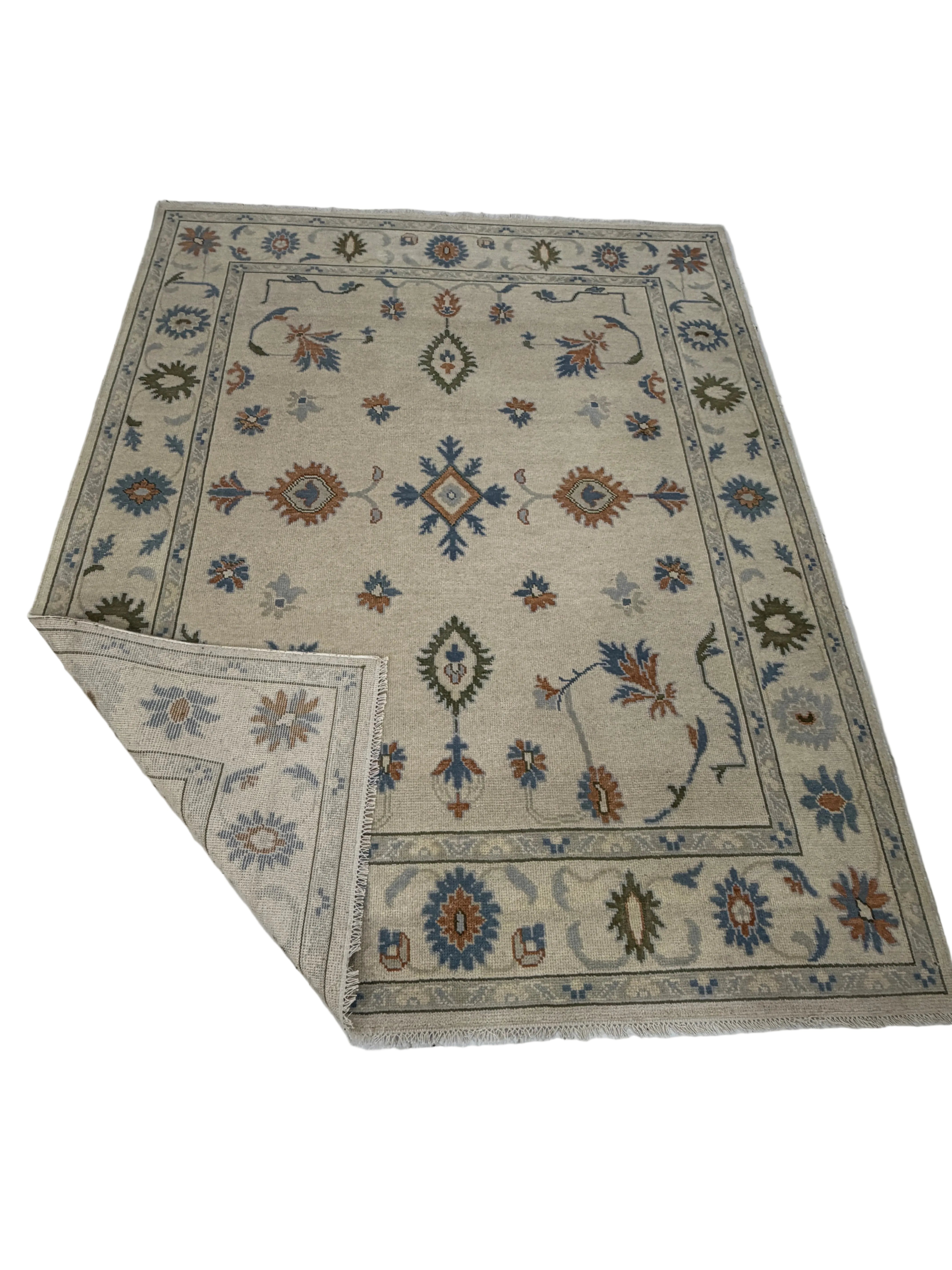 Handmade Tribal Area Rug, Ivory Blue Geometric Carpet, Rustic Vintage Style Rug, Boho Living Room Decor, GREEN TOUCH CARPET
