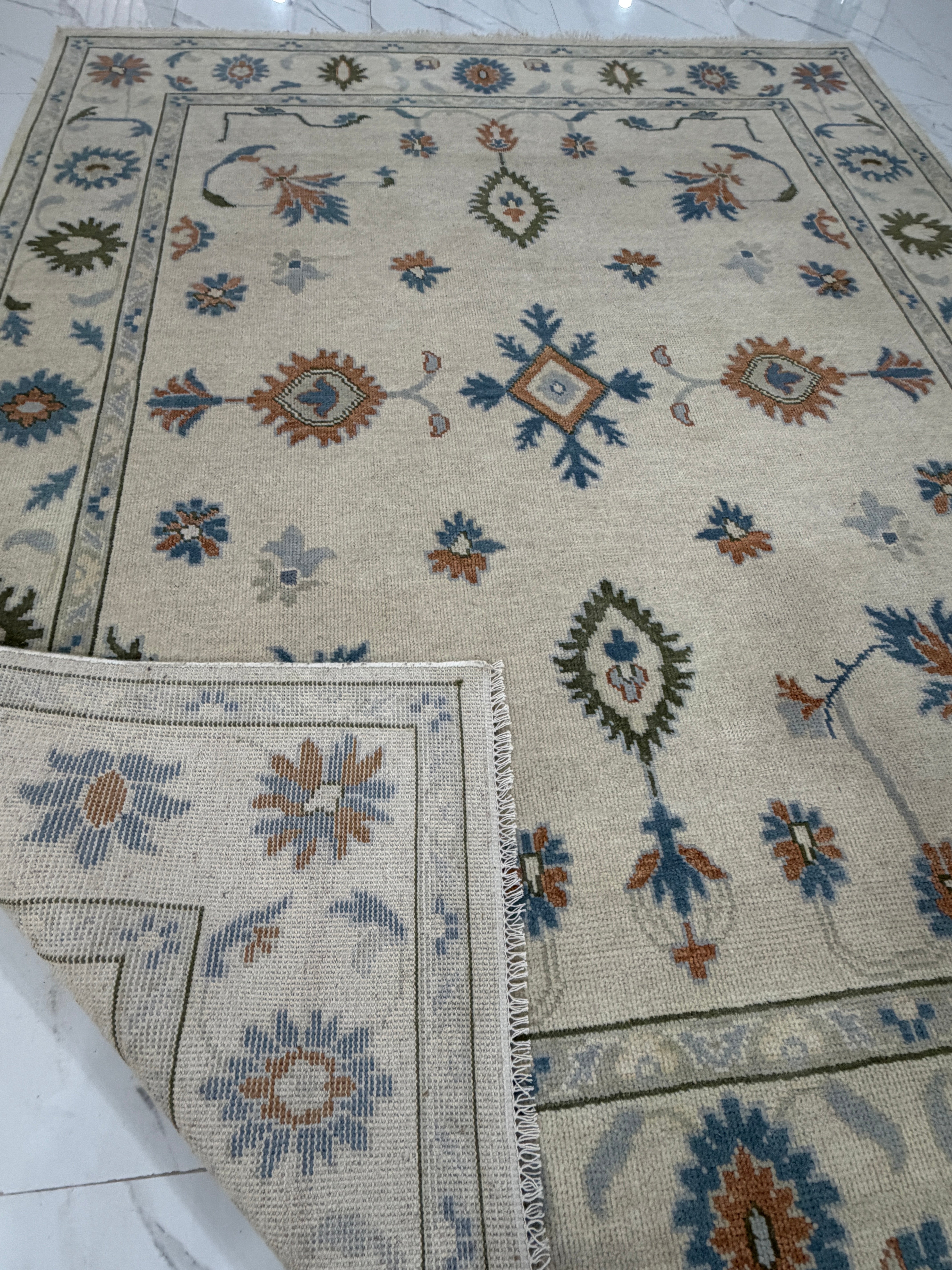 Handmade Tribal Area Rug, Ivory Blue Geometric Carpet, Rustic Vintage Style Rug, Boho Living Room Decor, GREEN TOUCH CARPET