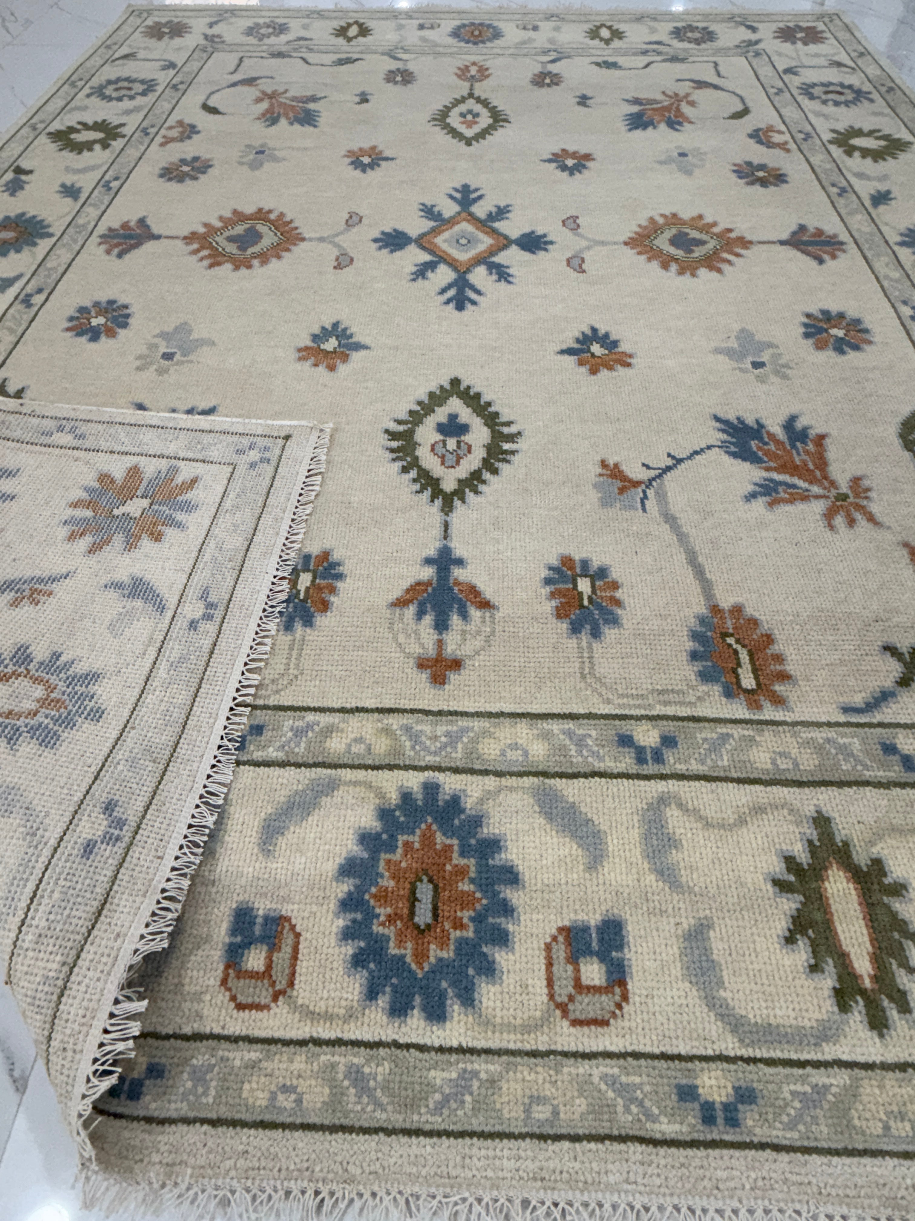 Handmade Tribal Area Rug, Ivory Blue Geometric Carpet, Rustic Vintage Style Rug, Boho Living Room Decor, GREEN TOUCH CARPET