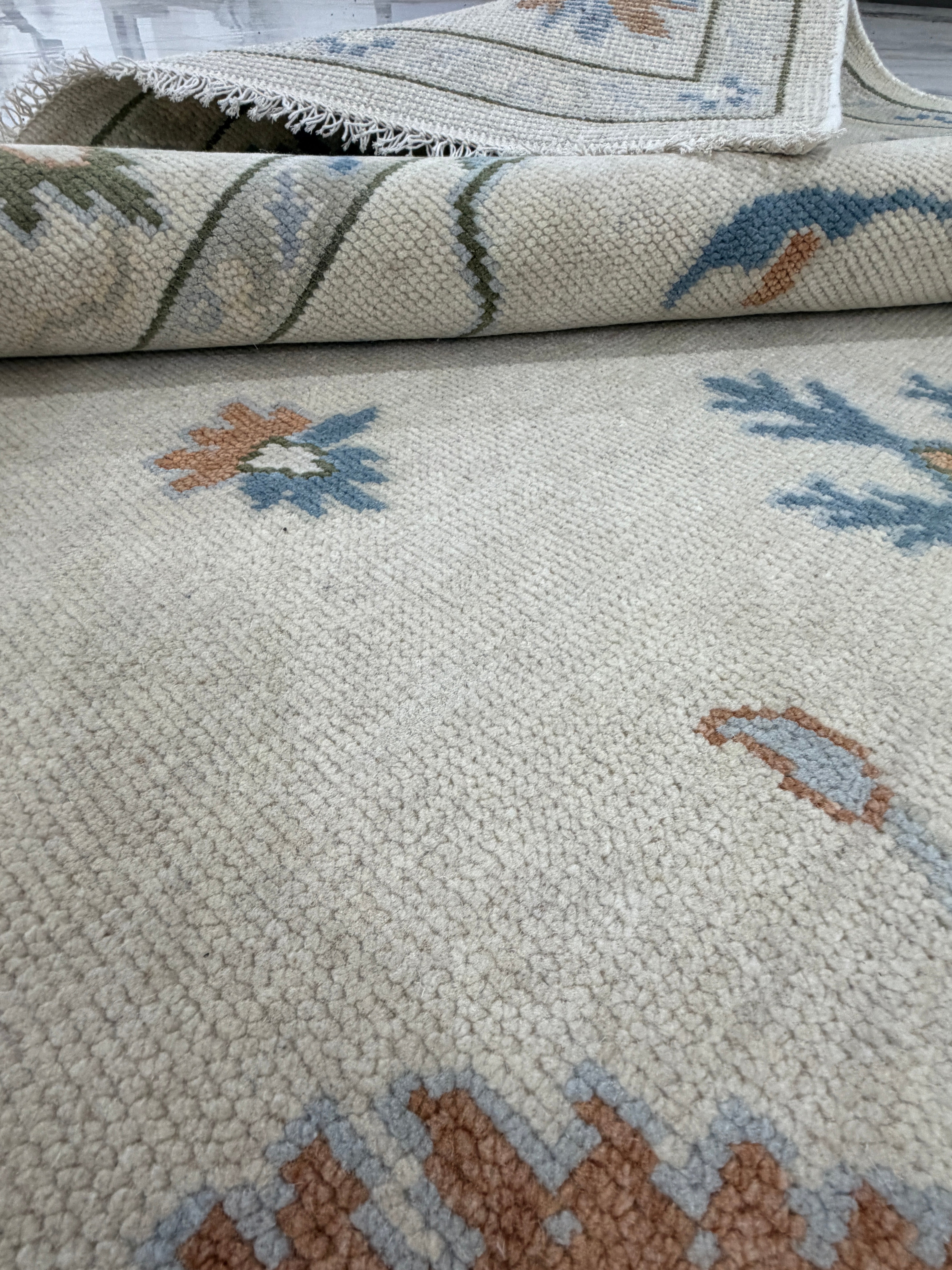Handmade Tribal Area Rug, Ivory Blue Geometric Carpet, Rustic Vintage Style Rug, Boho Living Room Decor, GREEN TOUCH CARPET
