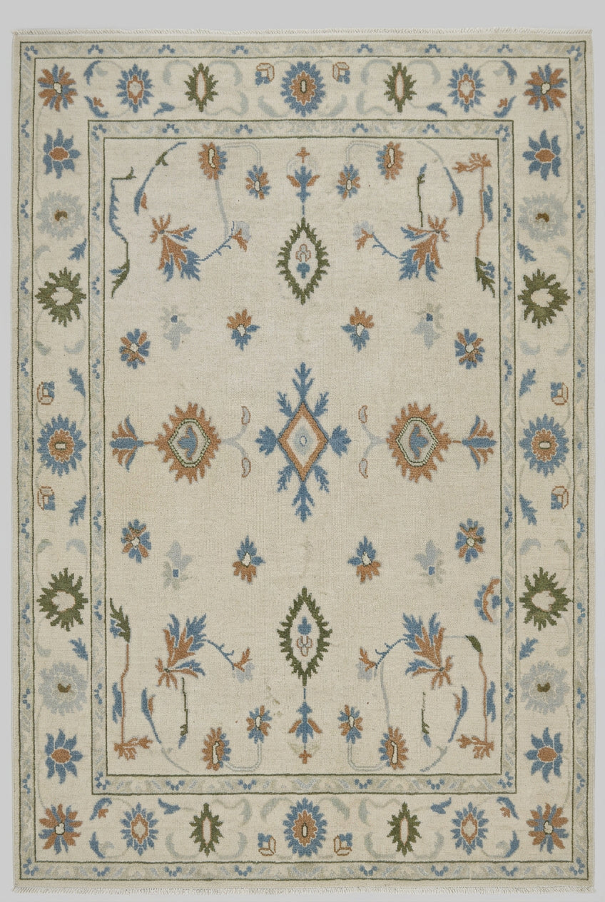 Handmade Tribal Area Rug, Ivory Blue Geometric Carpet, Rustic Vintage Style Rug, Boho Living Room Decor, GREEN TOUCH CARPET