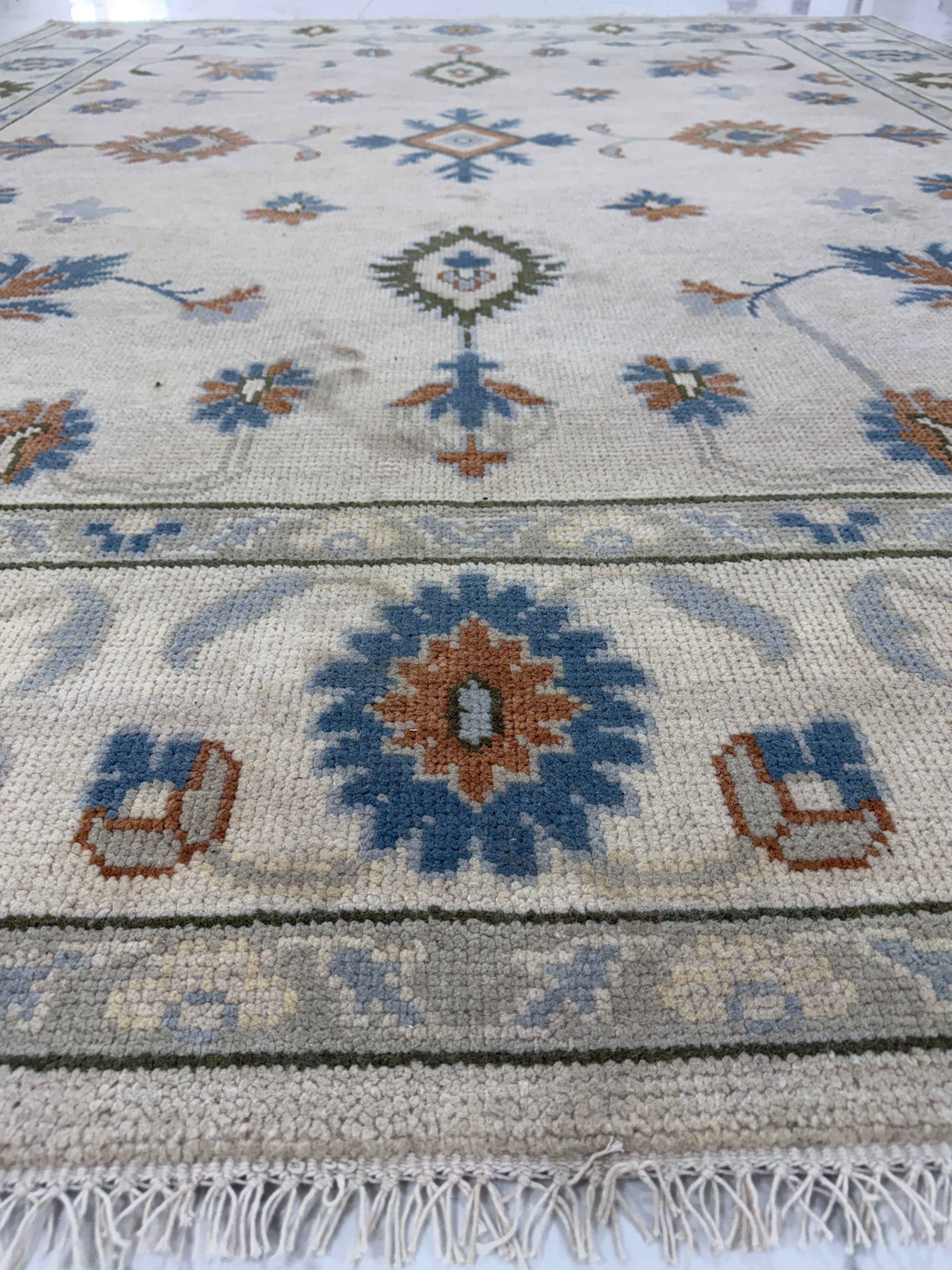 Handmade Tribal Area Rug, Ivory Blue Geometric Carpet, Rustic Vintage Style Rug, Boho Living Room Decor, GREEN TOUCH CARPET