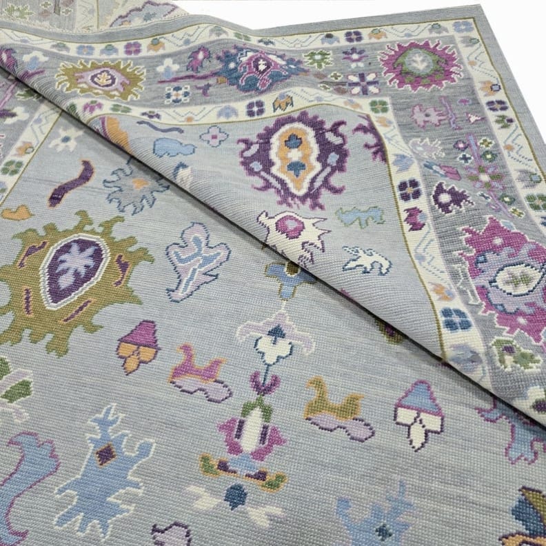 Pastel Floral Area Rug, Handmade Vintage Style Carpet, Colorful Boho Rug, Lavender Blue Traditional Rug, GREEN TOUCH CARPET