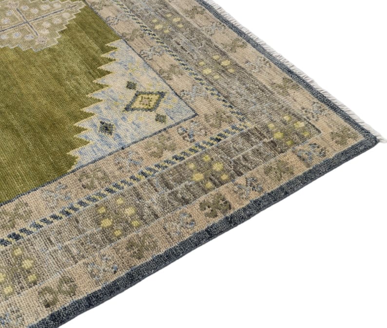 Hand Knotted Olive Green Rug, Vintage Tribal Area Rug, Geometric Wool Carpet, Distressed Persian Style Rug, Boho Living Room Decor